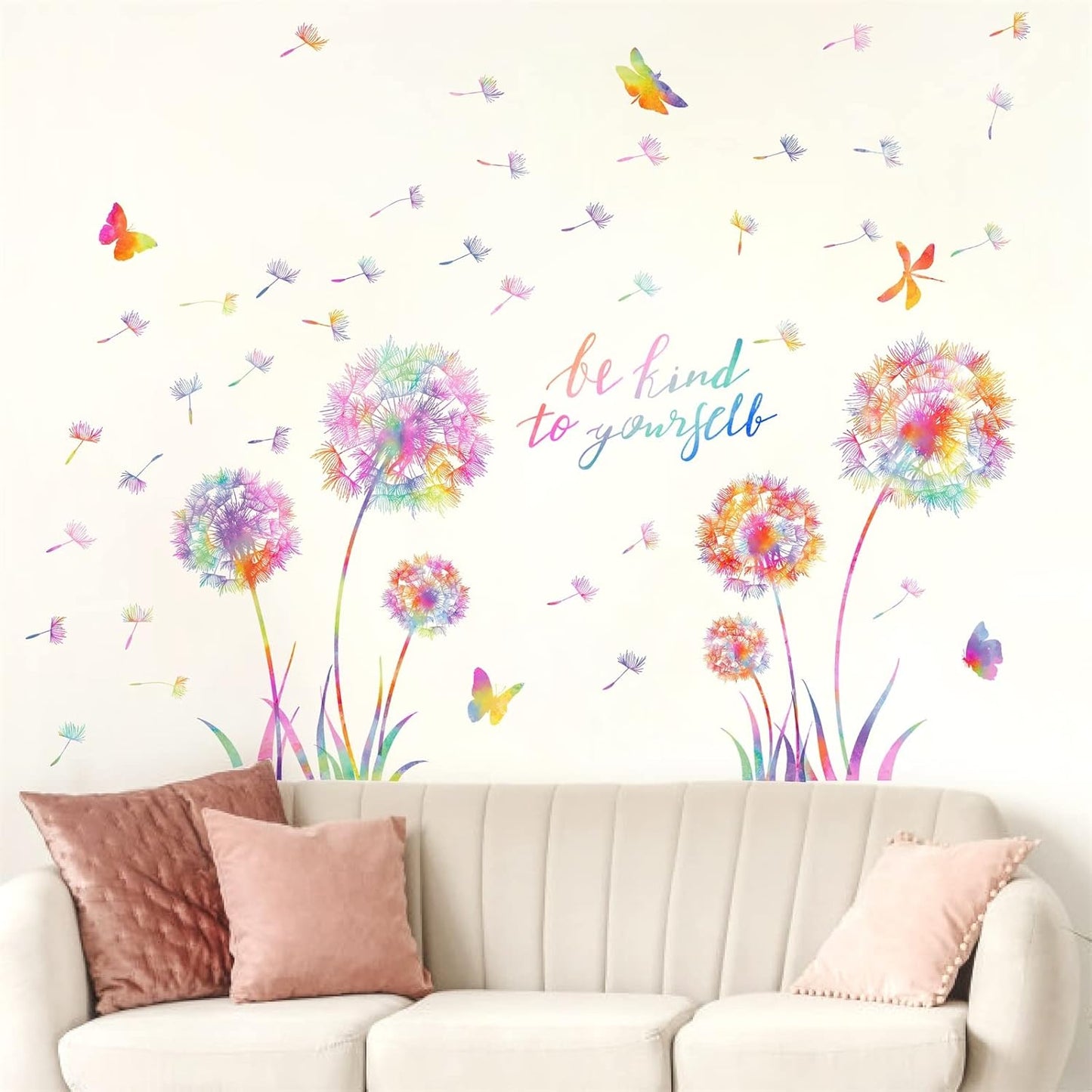 Large Dandelion Wall Decals Colorful Flower Wall Decals Peel and Sticks Wall Art Sticker Floral Butterflies Dragonfly Wall Murals Sticker Inspirational Wall Stickers for Girl Bedroom Living Room Decor