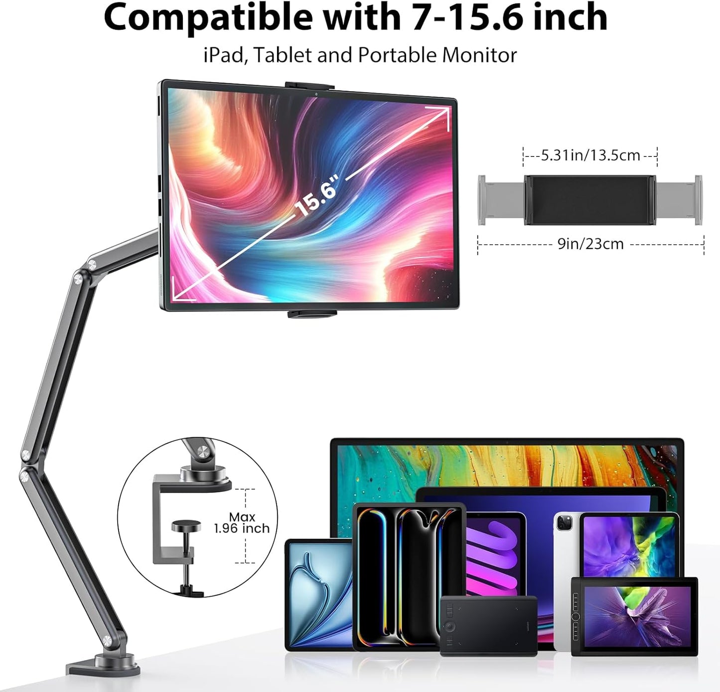 KU XIU Tablet Stand for Desk, Aluminum Alloy Foldable Tablet Arm Mount Holder Compatible with iPad 10/9th, iPad 13/12.9/11" M3 M4 M5 Pro Air, For Samsung Galaxy Tab & More 7-15.6" Tab Portable Monitor