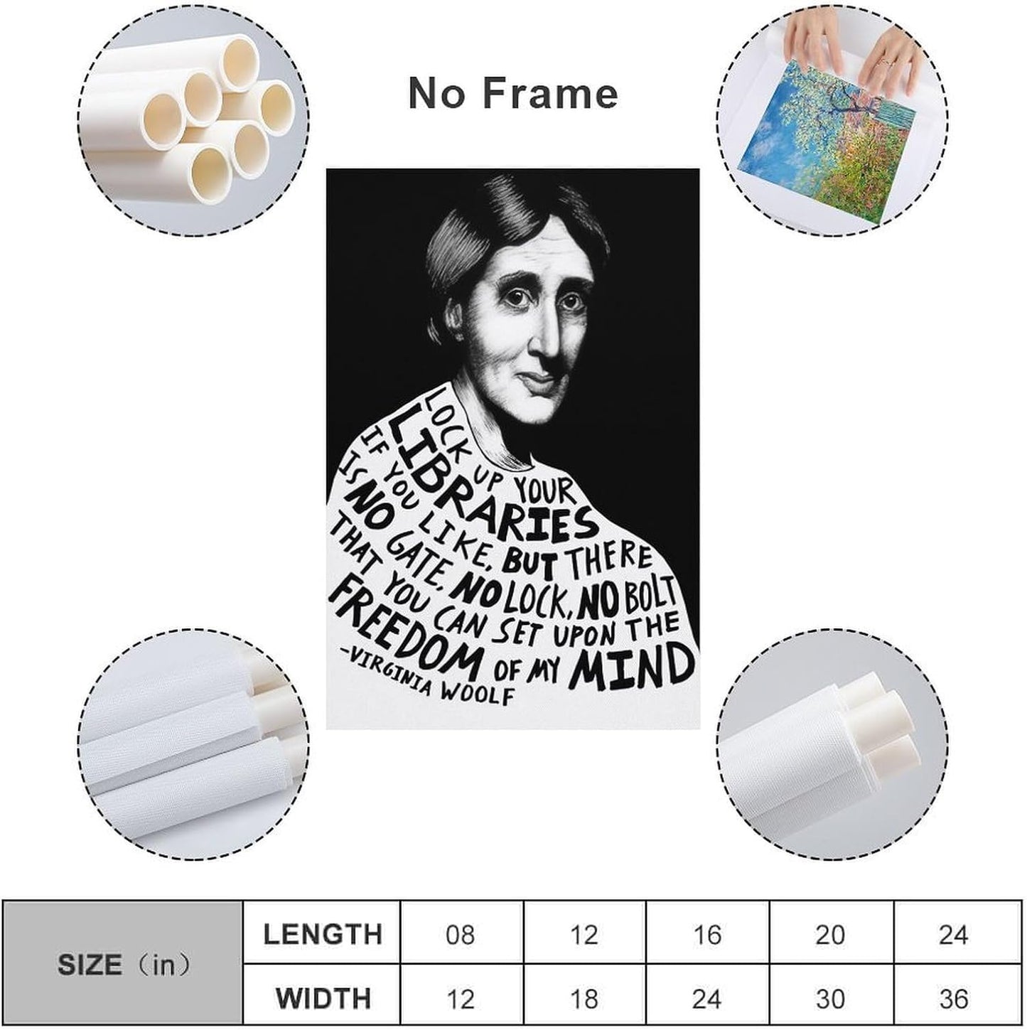 Virginia Woolf Library Freedom Quote Illustration Canvas Printing Wall Art Black White Portrait Typography Feminist Literature Prints Reading Nook Posters Book Lover Wall Decor 12x18inch(30x45cm)