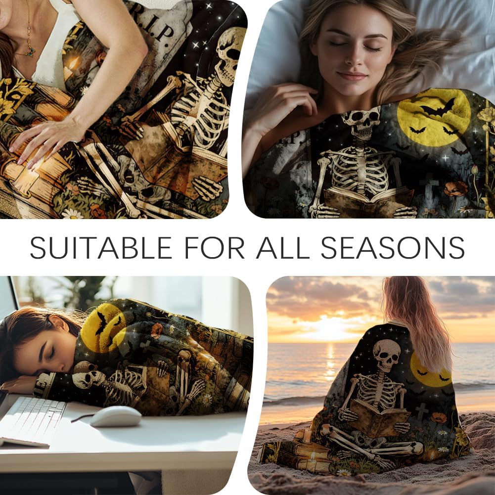 GLOBLELAND Magic Skeleton Reading Throw Blanket 59 x 51 Mysterious Night Tomb Tarot Throw Blankets Magical Theme Reader Books Blanket for Home Sofa Travel Adult Women Comfort Warmth Soft Cozy
