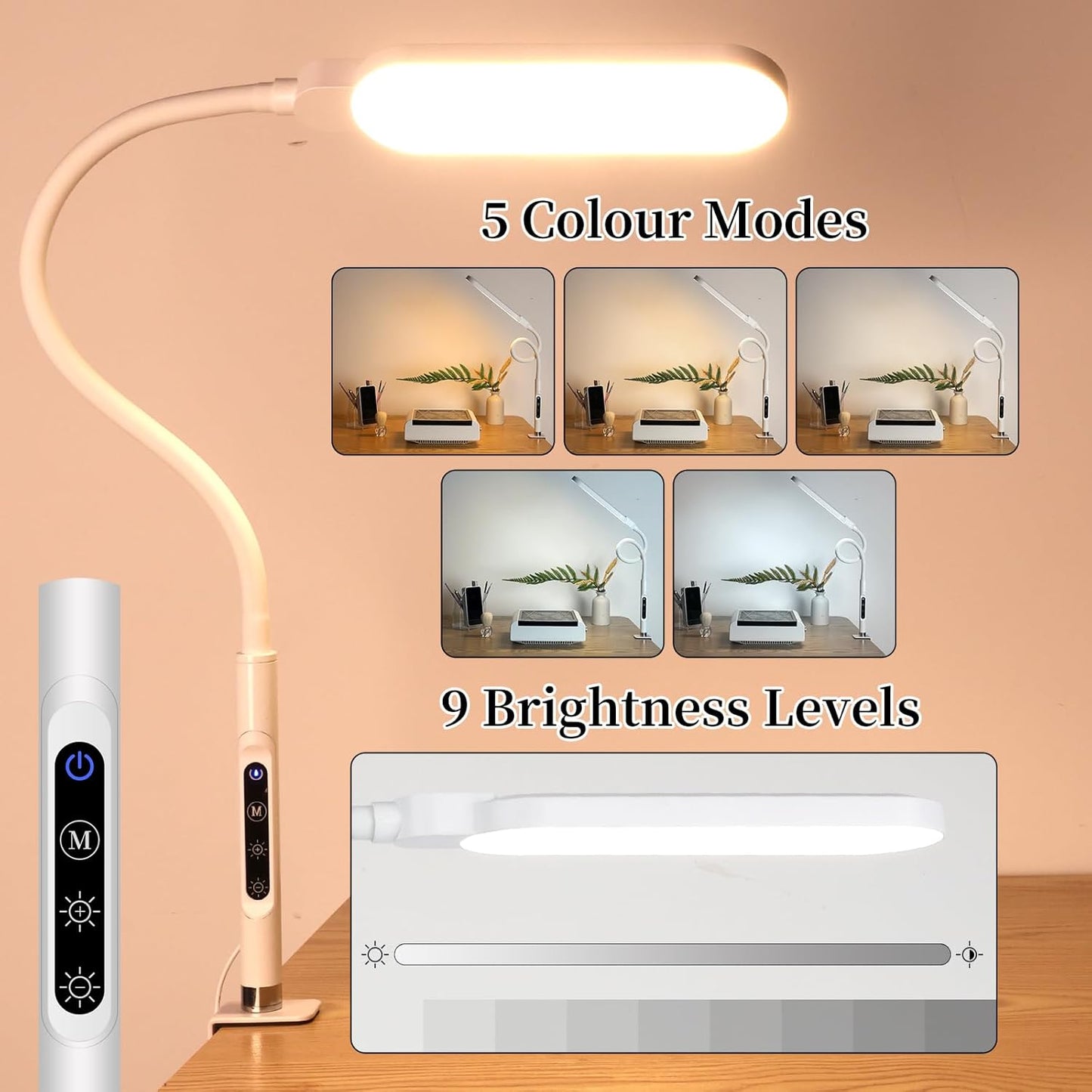 BQAN LED Desk Lamp with Clamp, 15W Eye-Caring Clip on Light, Adjustable Gooseneck Desk Lamps for Home Office with 5 Modes & 9 Brightness Levels for Reading, Studying, Nail Art, and Work (White)