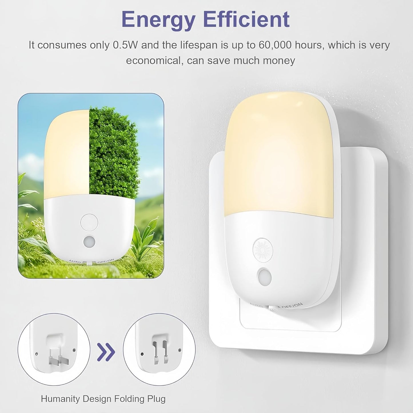 Dimmable Night Light Plug in with On/Off Switch, Auto Dusk to Dawn Sensor LED Nightlights, Adjustable Brightness (Warm White) for Bathroom, Hallway, Kids Room, Stairs (2 Pack)