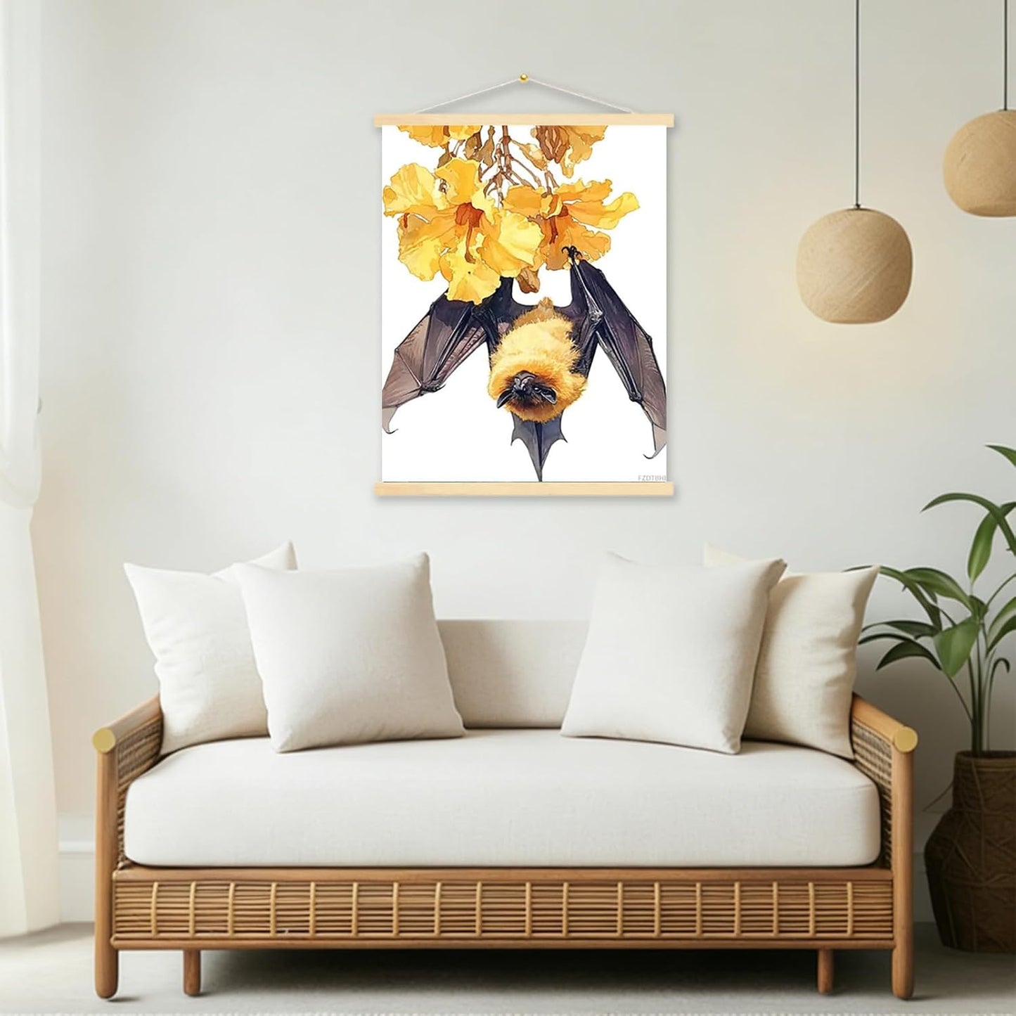 FZDTBHI Golden Crowned Flying Fox, Golden Capped Fruit Bat Watercolor Painting Print for Home, Room, Game room, Reading Room Wall Decor 12x16inch Canvas Print with Frame