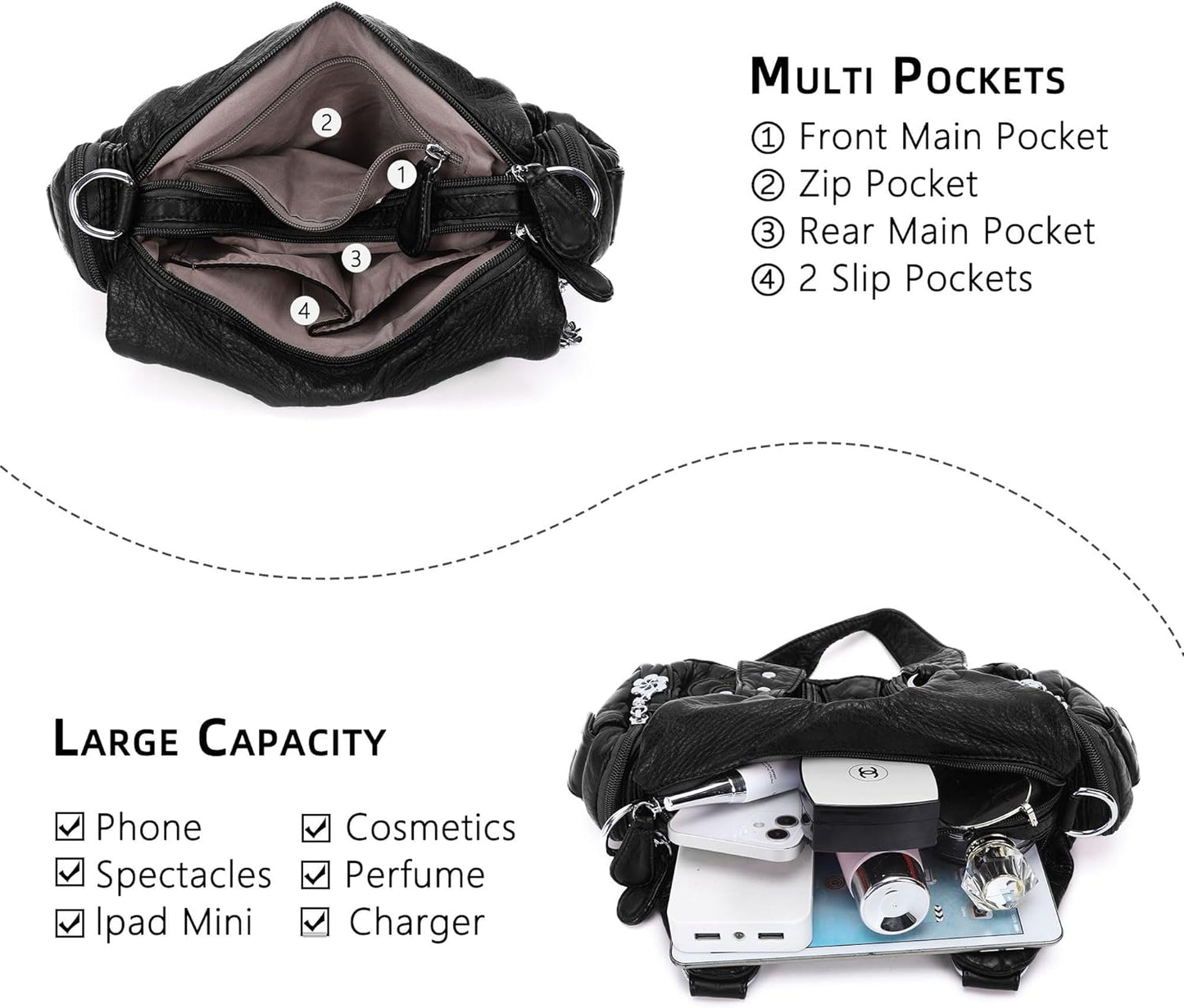 Angel Kiss Purses for Women Small Hobo Shoulder Bags Vagen Leather Multi-Pocket Tote Bag with Zipper