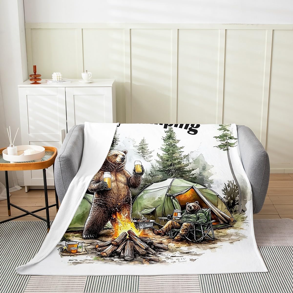 Erosebridal Bear Flannel Blanket Queen 90x90,Happy Camping Fleece Blanket for Kids Boys Girls,Woodland Campsite Camper Accessories Fuzzy Plush Throw,Funny Wild Animals Drink Beer Pattern,Brown Green