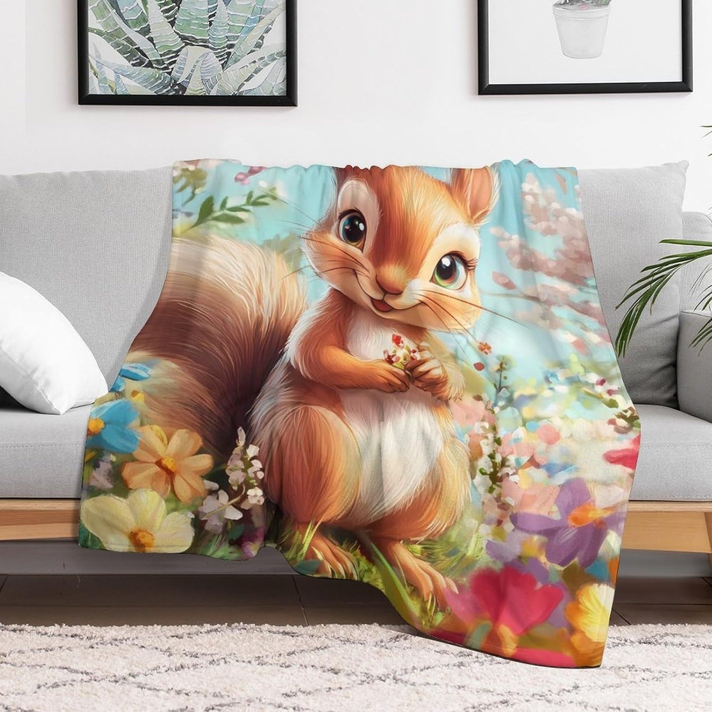 Cute Squirrel with Flowers Throw Blanket for Couch Bed Plush Cozy Fuzzy Flannel Blanket for All Season 60"x80"