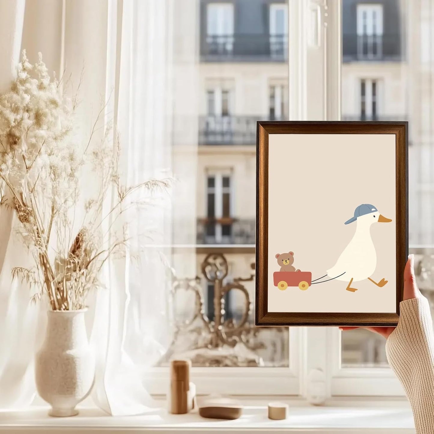 Framed Cute Goose Wall Art Funny Goose Pulling Toy Duck Canvas Print Minimal Nursery Animal Wall Decor for Kids Room Playroom Ready to Hang 8inx10in
