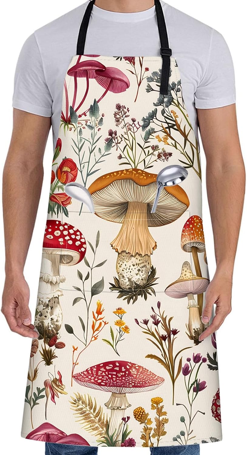 Retro Mushroom Apron for Women with Wildflower,28x33in,Botanical Kitchen Aprons with 2 Pockets,Oxford Fabric,Fern Adjustable Apron for Cooking Baking Gardening Chef,Gifts for Mom Wife