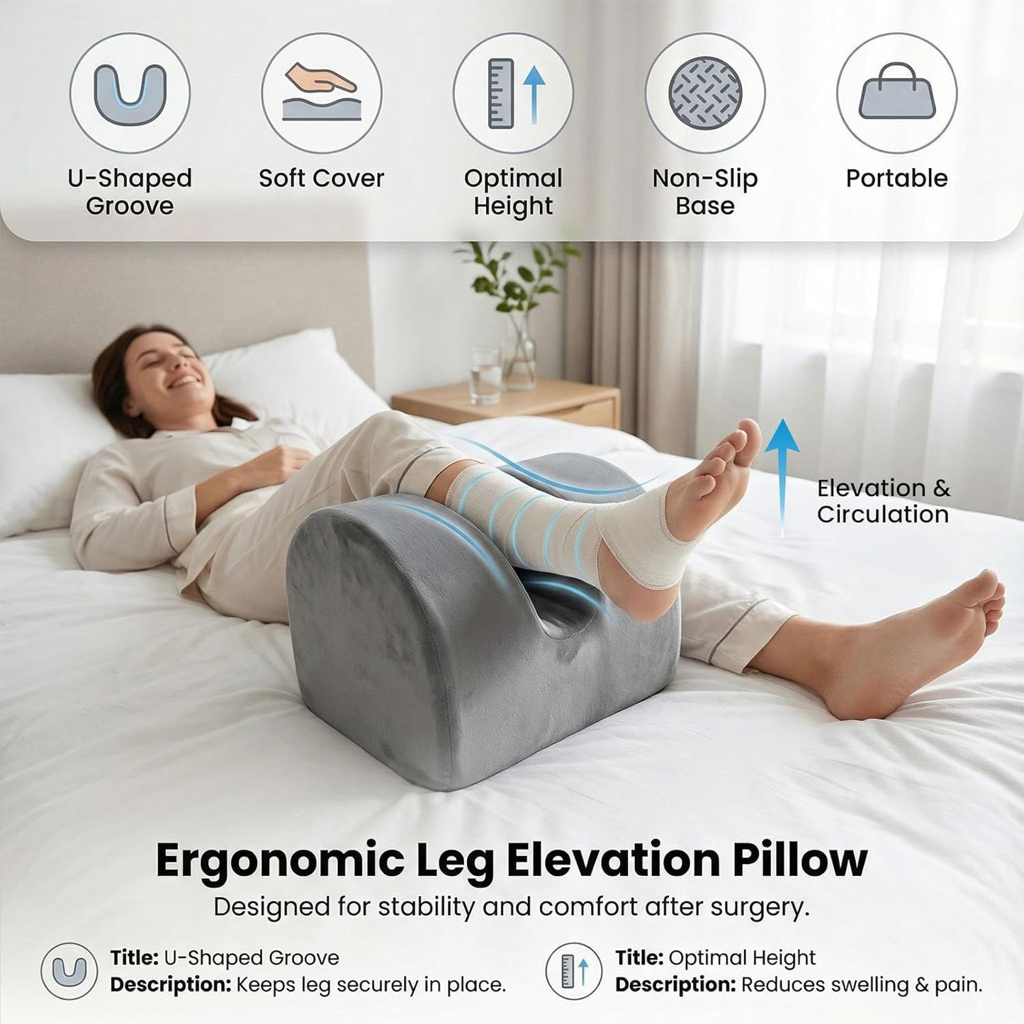 Knee Replacement Pillow with Handle - Knee Surgery Recovery Equipment, Leg Elevation Pillows After Hip Replacement, Recovery Aids for Hip Leg Ankle