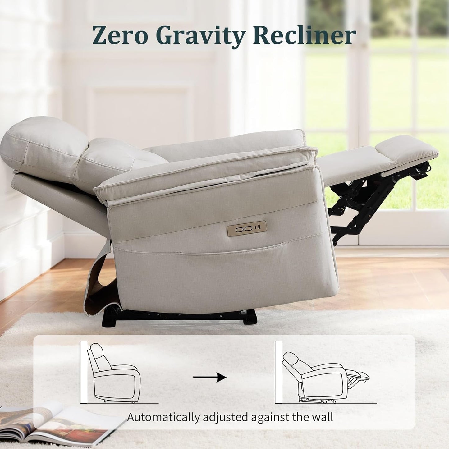 Power Recliner Chair with Wall-Hugging Design Fabric Motion Recliner Sofa with USB & Type-C Ports Side Pocket and Overstuffed Armrests Ergonomic Lounge Chair for Living Room Beige