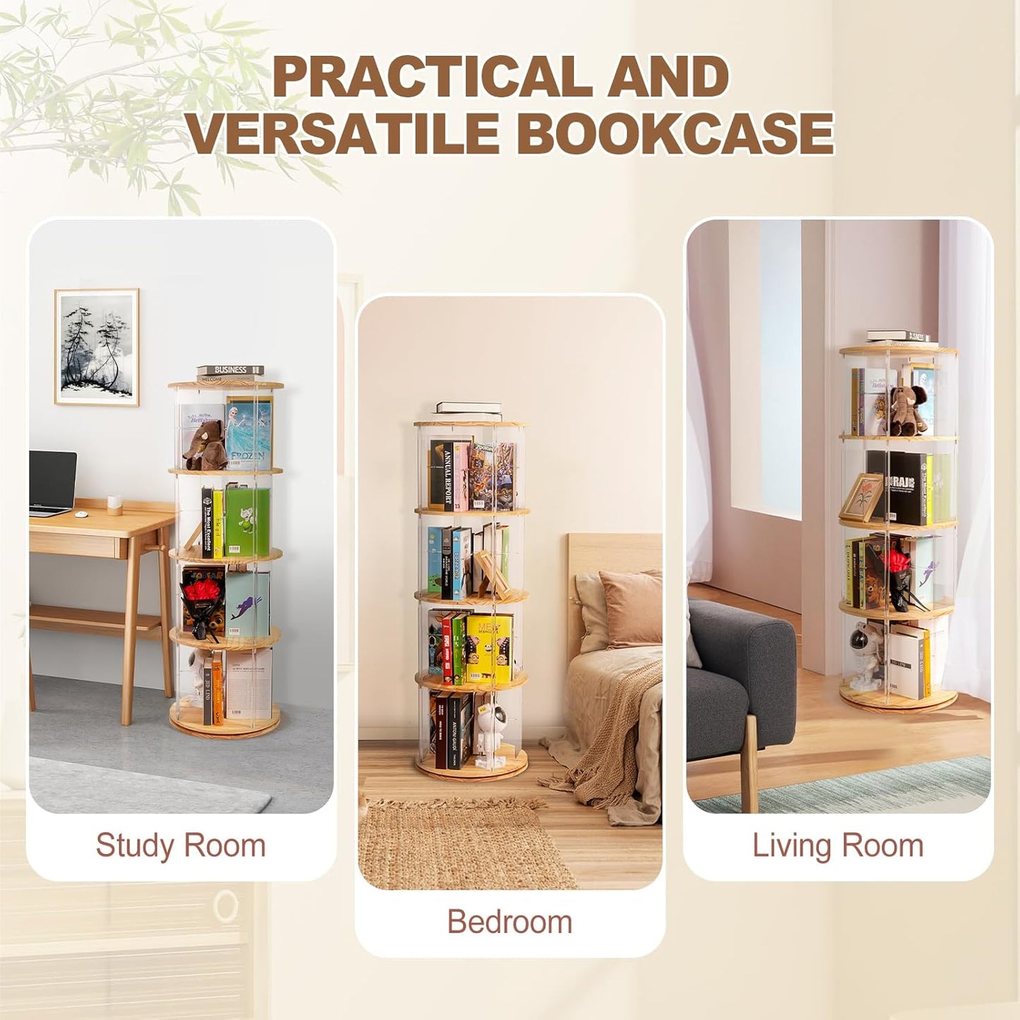 360° Rotating Bookshelf, 4-Tier Spinning Book Shelf Tower with Solid Wood & Clear Acrylic, Round Revolving Bookcase for Living Room, Bedroom and Office