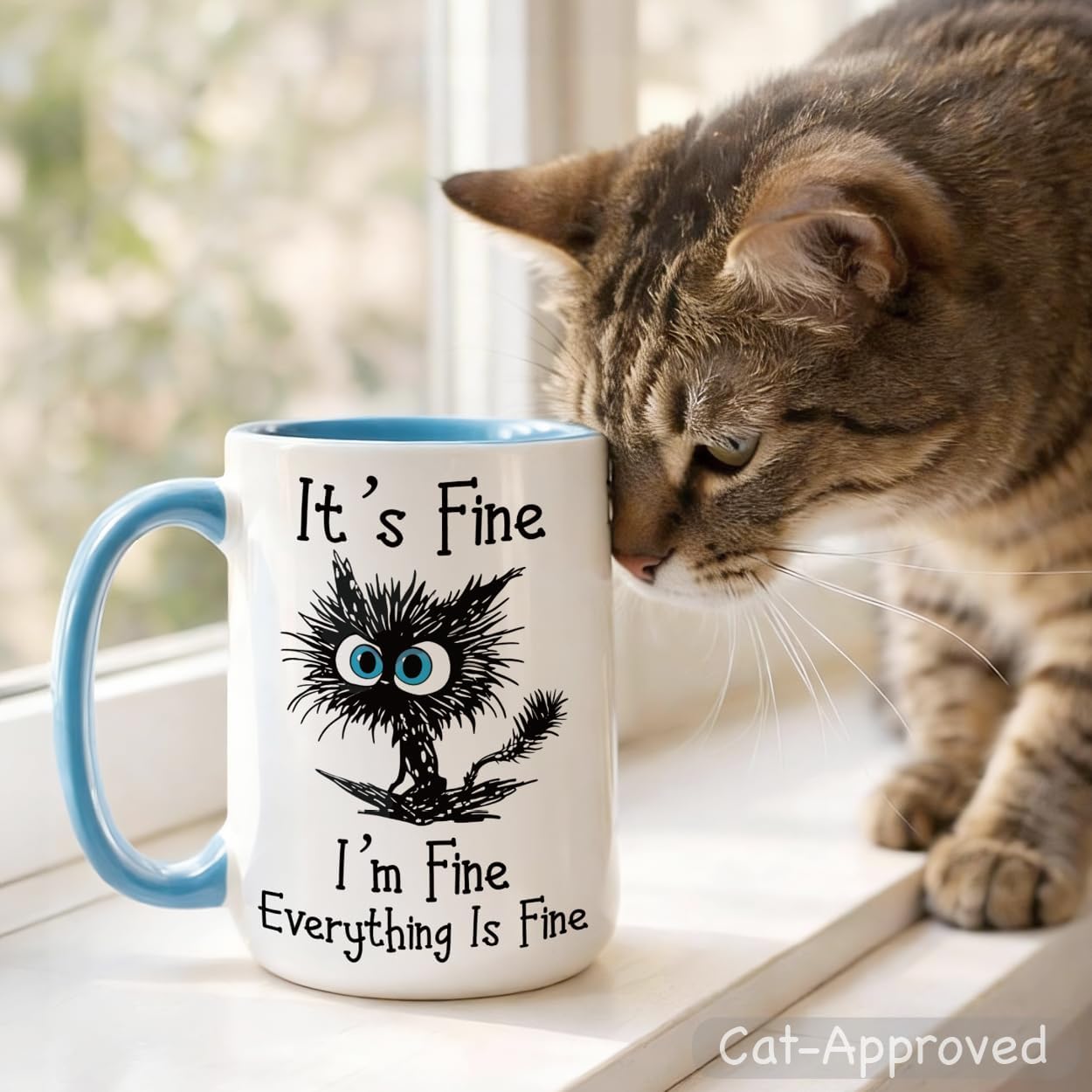 Funny Black Cat Coffee Mug – 15oz Sarcastic I am Fine Everything's Fine Cup – Big Ceramic Mug with Blue Handle – Microwave & Dishwasher Safe – Funny Gag Gift for Cat Lovers, Women, Coworkers