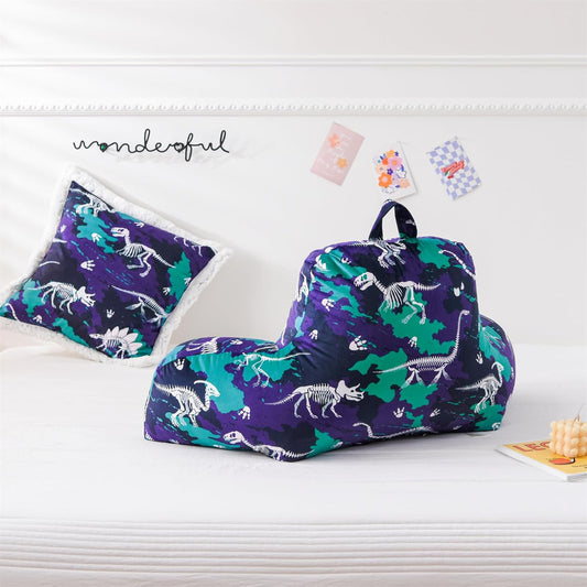 Aimuan Dinosaurs Reading Pillow Bed Rest Wedge Backrest Pillow with Arms Back Support for Sitting Up in Bed Cushion Incline Rest Sleeping Snoring Pillow (Navy-Cyan)