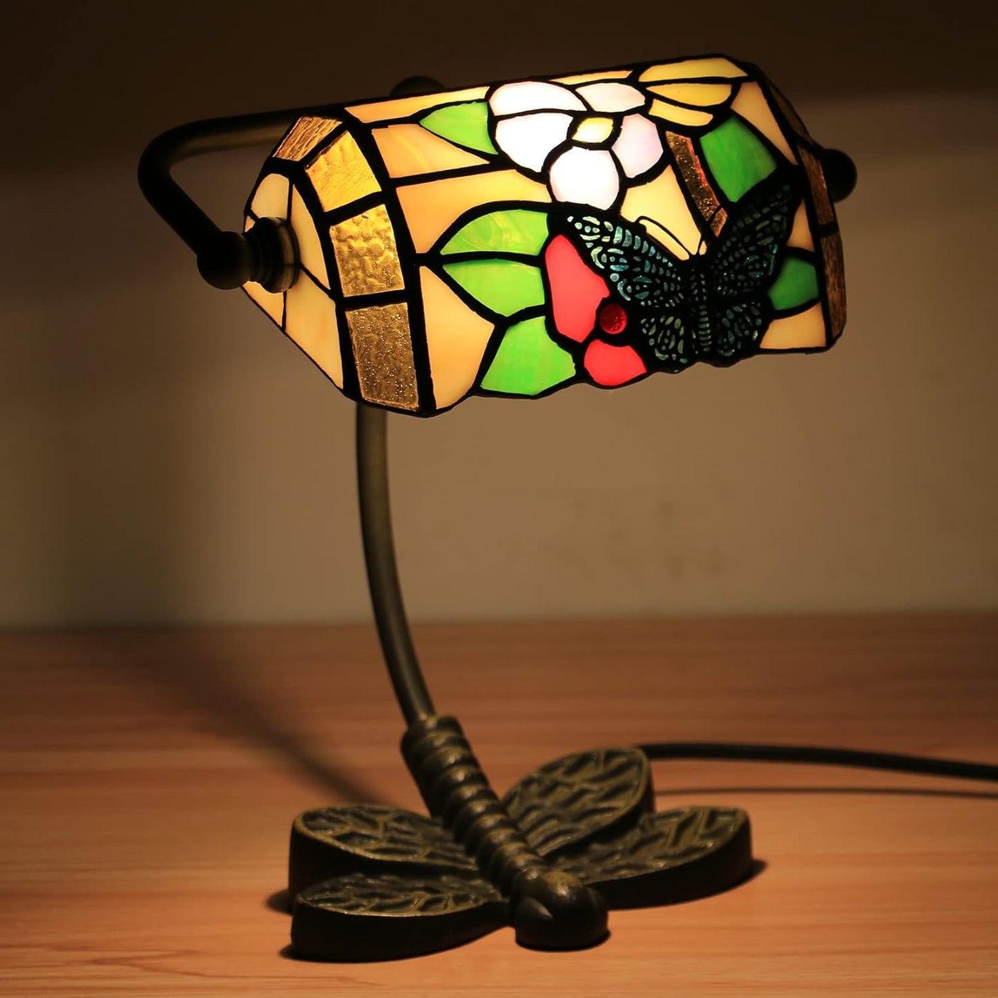 Mini Small Banker Lamp Tiffany Office Desk Lamp Stained Glass Table Lamp Luxury Memory Adjustable Accent Piano Reading Lamp for Living Room Bedroom Library Dragonfly Cast Iron Base,Butterfly