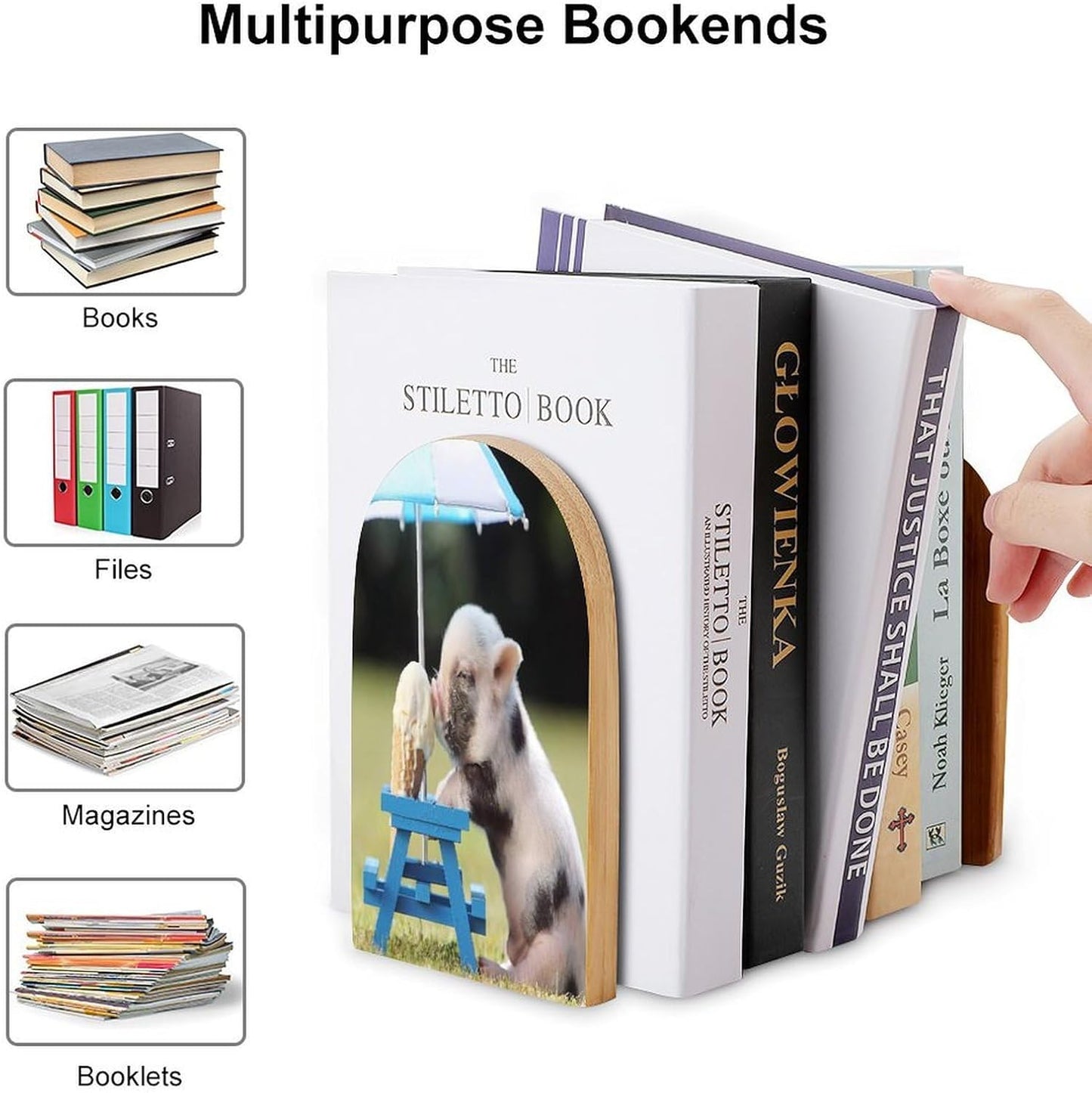Pigs Eating Ice Cream Wooden Bookend Non-Slip Book Ends Heavy Duty Book Stopper with Metal Base Books Holderd Decorative Bookends Stands Firmly for Office Supplies