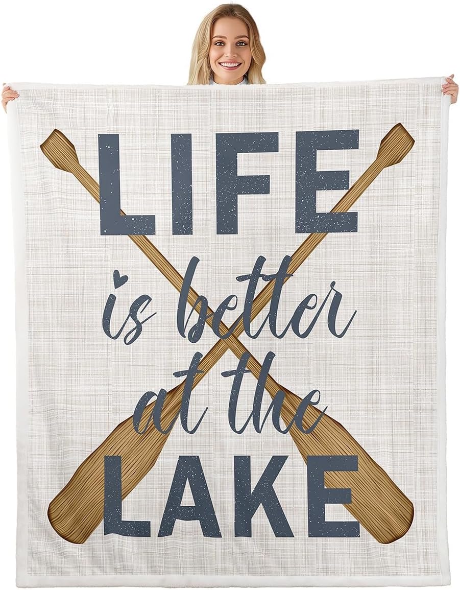 Lake Life Throws Blanket,Life is Better at the Lake Themed Sherpa Blanket for Girls Teens, Oars Paddle Retro Rustic Farmhouse Microfiber Fleece Blanket Room Decor, Throw Size (50 x 60 Inch)