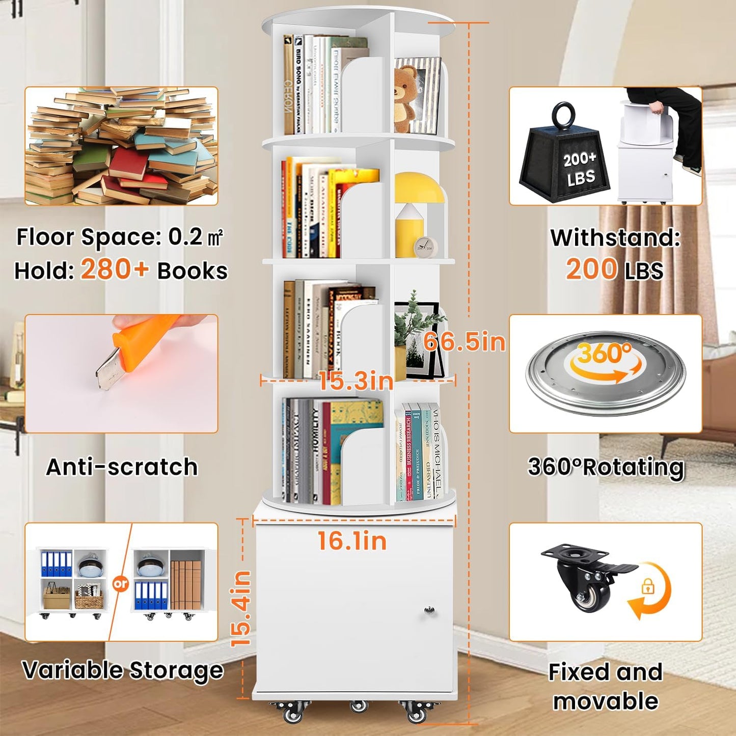 6 Tier Rotating Bookshelf Spinning Bookshelf Tower 360° Revolving Bookcase with Storage Cabinet Corner Organizer Storage Round Carousel with Wheels, White