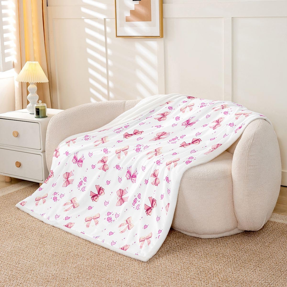 Castle Fairy Bowknot Love Kids Throw Blanket,Cartoon Bow Tie Hearts Pattern Bed Blanket,Sweet Romantic Aesthetic Girls Boys Sofa Decor,Pink and White Fuzzy Blanket,Queen Size (90 x 90 Inches)
