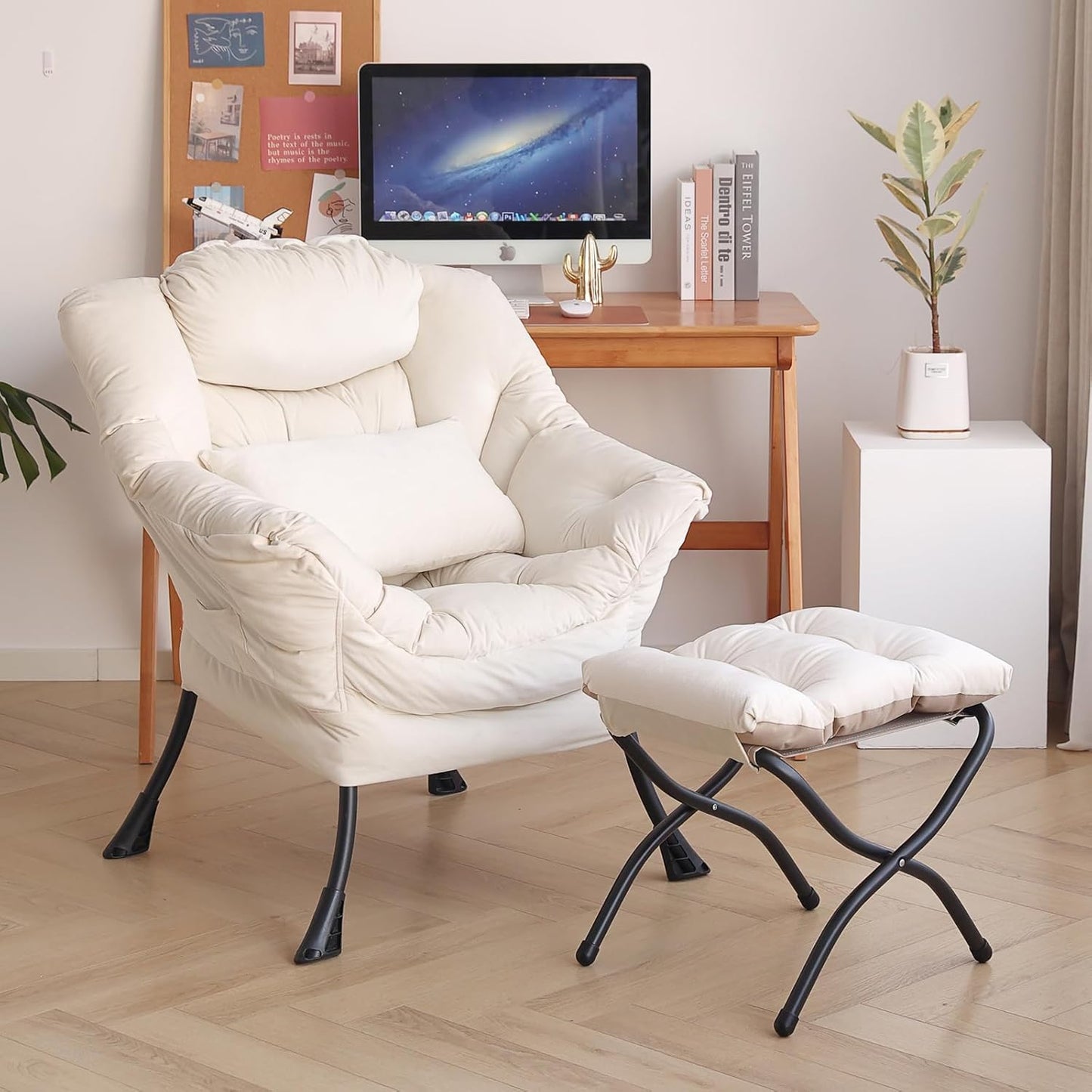 Lazy Chair with Ottoman, Modern Accent Chair with Lumbar Pillow, Velvet Beige Sofa, Armchairs with Folding Footrest, Oversized Supportive Chairs for Bedroom, Reading