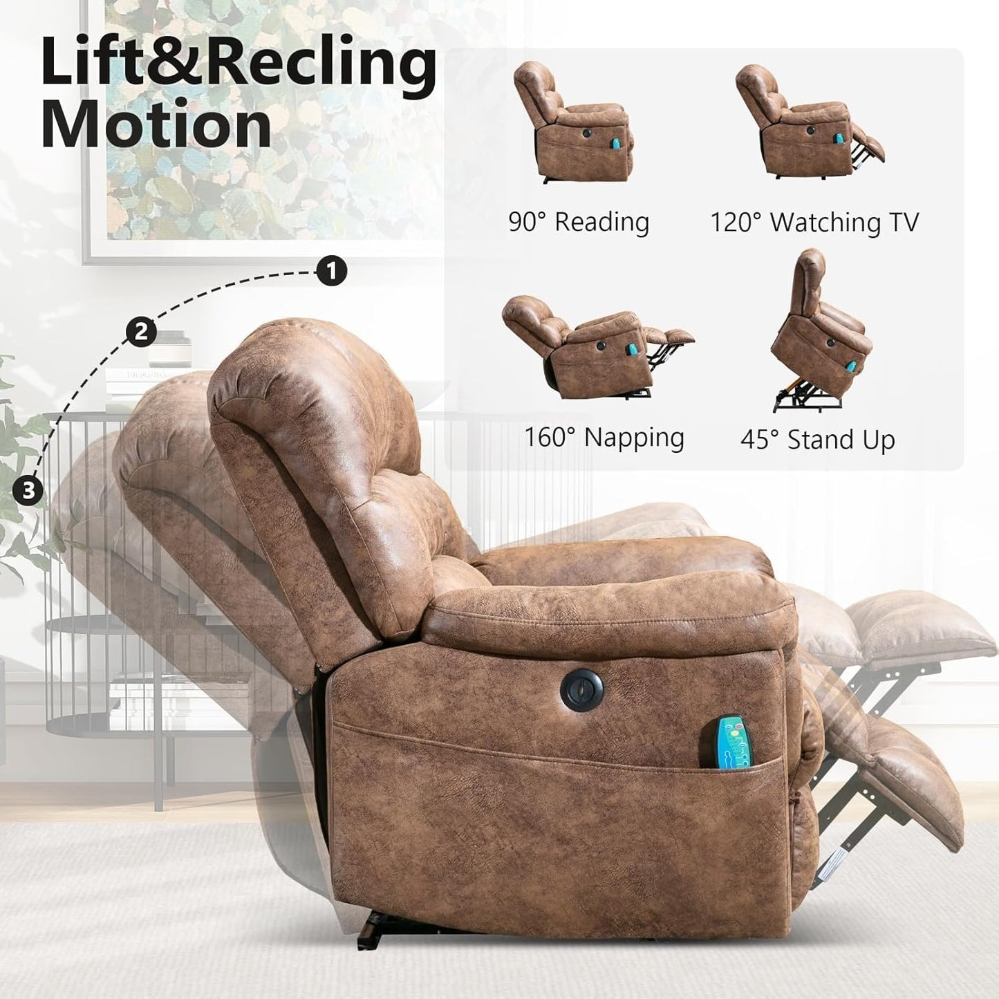 Faux Leather Electric Lifting Recliners Brown Overstuffed Wide Reclining Sofa with Side Pockets USB Port for Elderly Power Lift Recliner Chair for Living Room with Massage and Heat