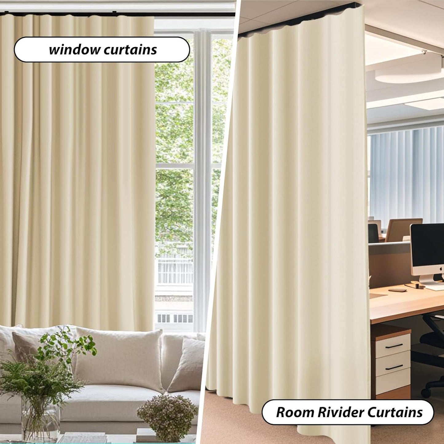 Room Divider Blackout Curtains & Ceiling Curtain Track Set Wall Mount Extra Wide Track Curtains Flexible Sliding Curtain Rod Room Separation Privacy（W 108 x H 84 in Beige Drape & Black Rail）