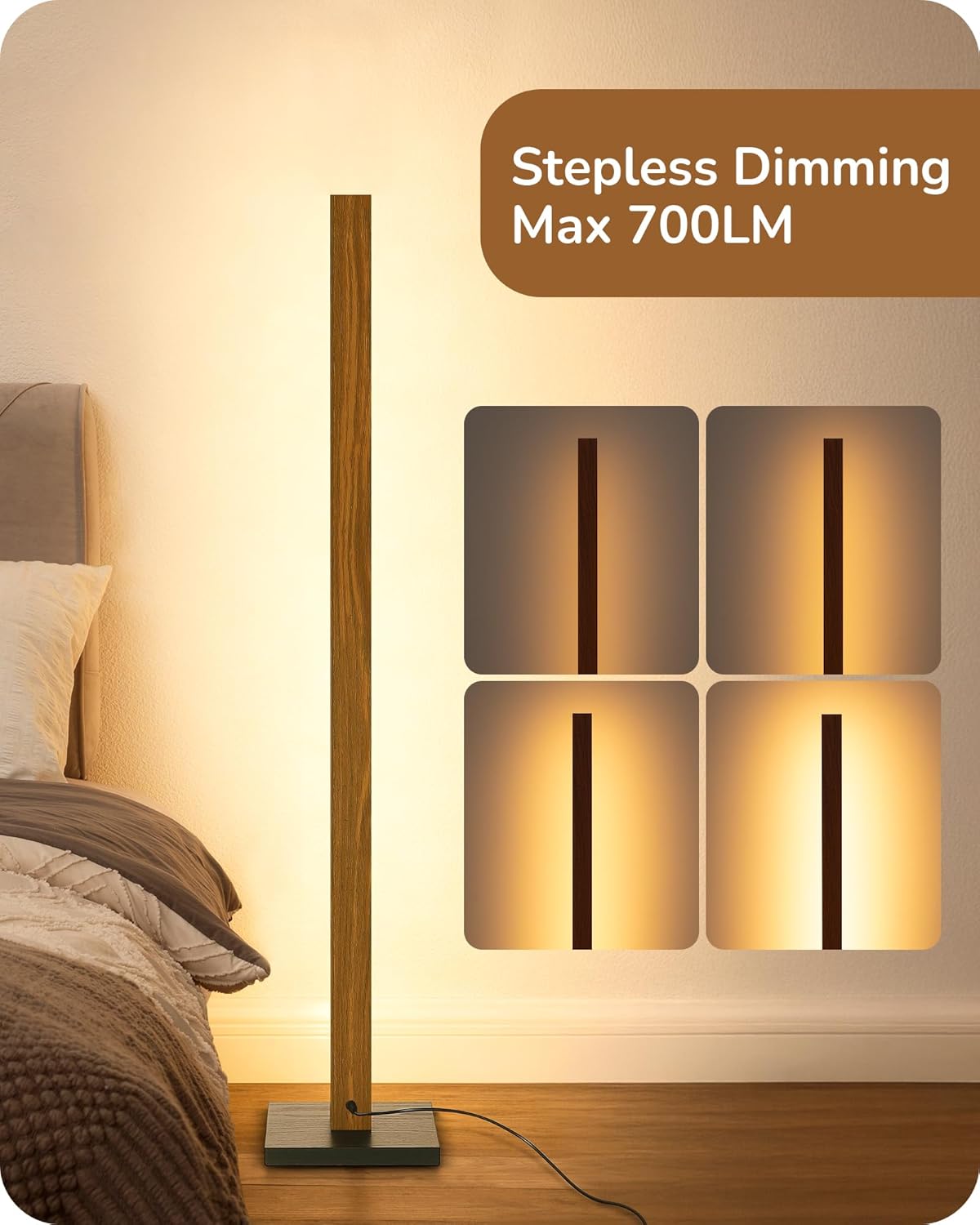EDISHINE Mid Century Modern Floor Lamp with Remote, Dimmable Wood LED Corner Lamp, Minimalist Standing Mood Lighting for Living Room, Bedroom, Office, 7 Color Temperature 2700K~6000K, 48.43"