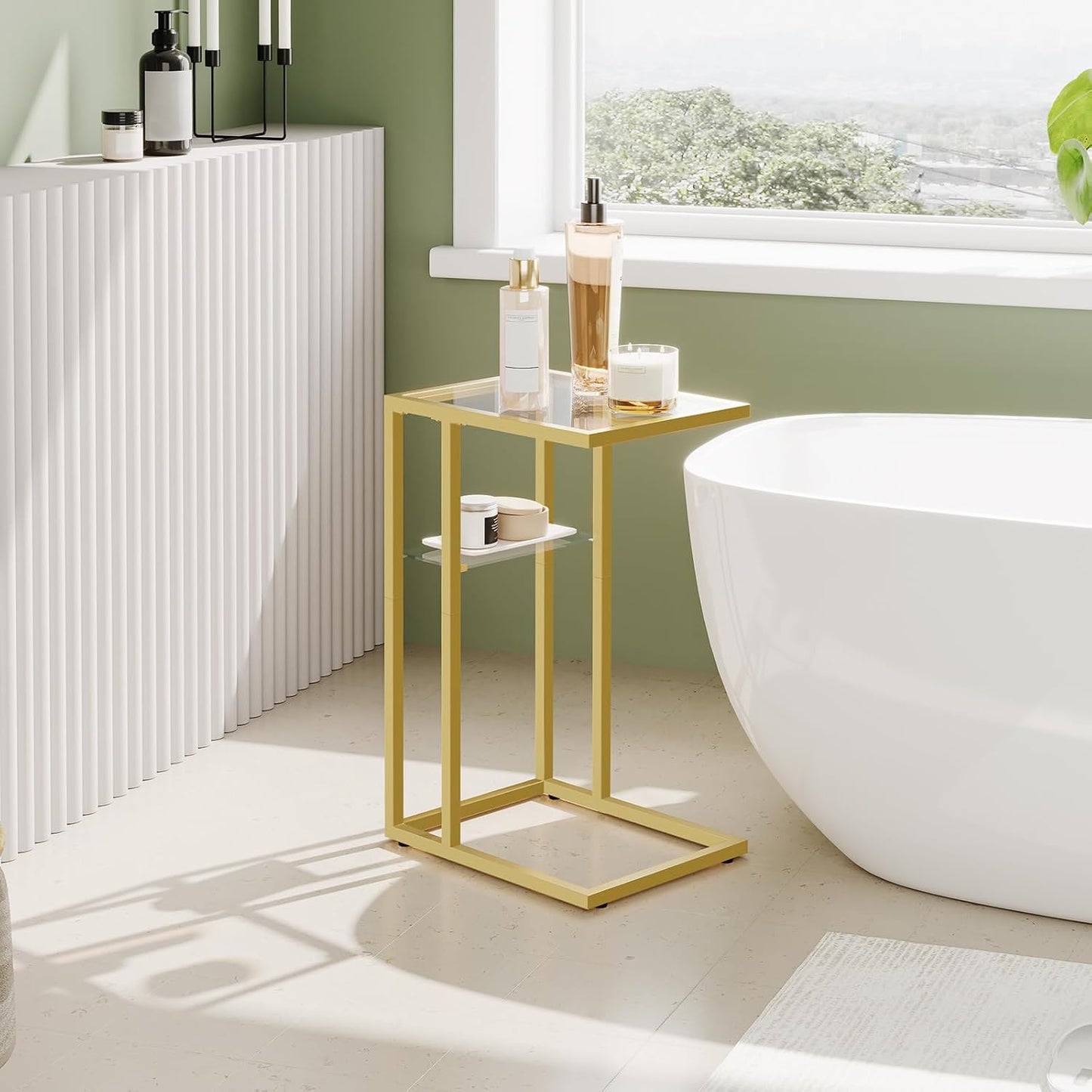 HOOBRO C Shaped End Table, Small Side Table for Couch, Gold Sofa Table with Tempered Glass, Coffee Table, Slide Under Couch, for Living Room, Bedside, Bathroom, Gold GD08SF01