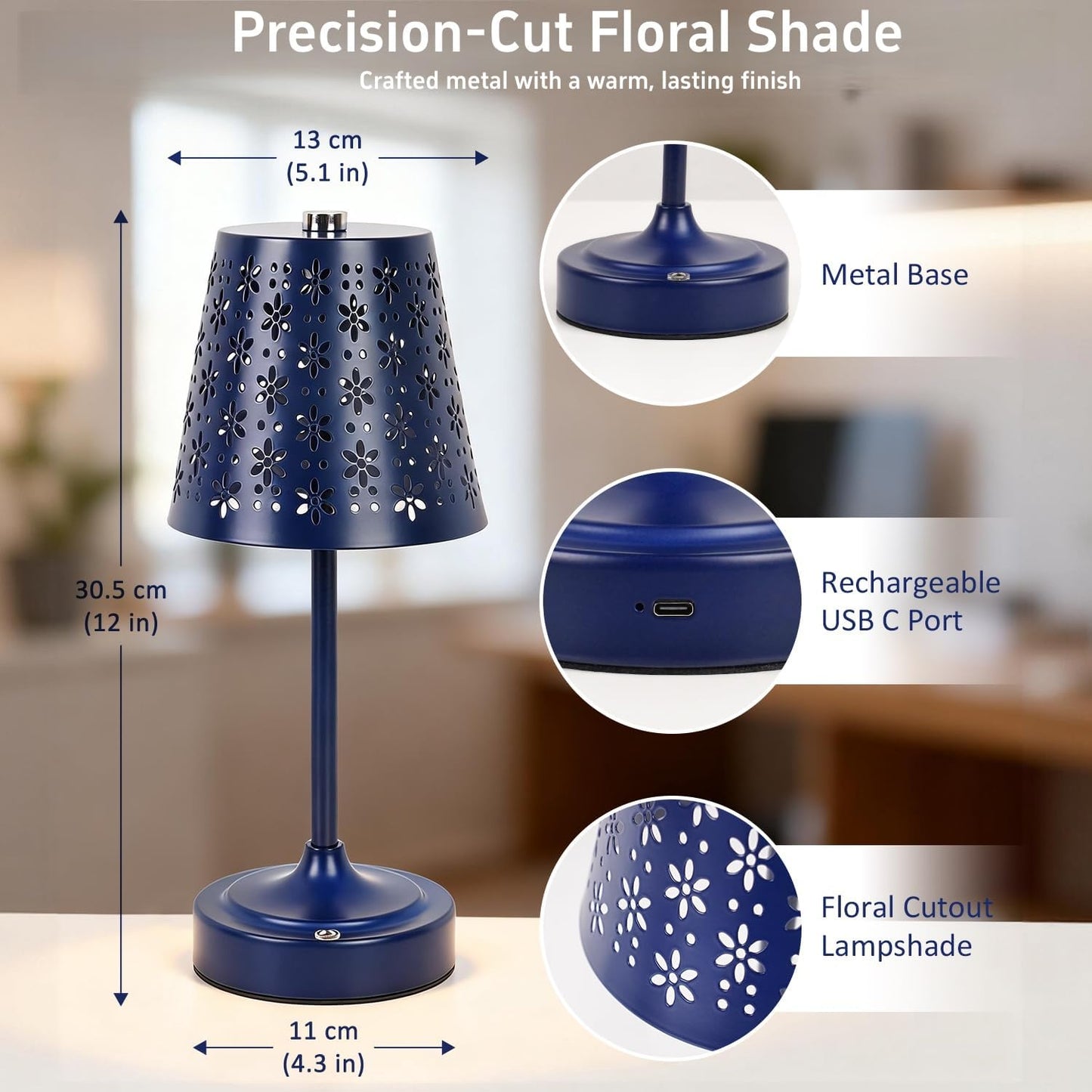 Rechargeable Cordless Table Lamp, Touch Control Battery Powered Bedside Lamp with Floral Cutout Shade, 3 Color Stepless Dimmable Decorative Nightstand Lamp for Bedroom (Navy Blue)