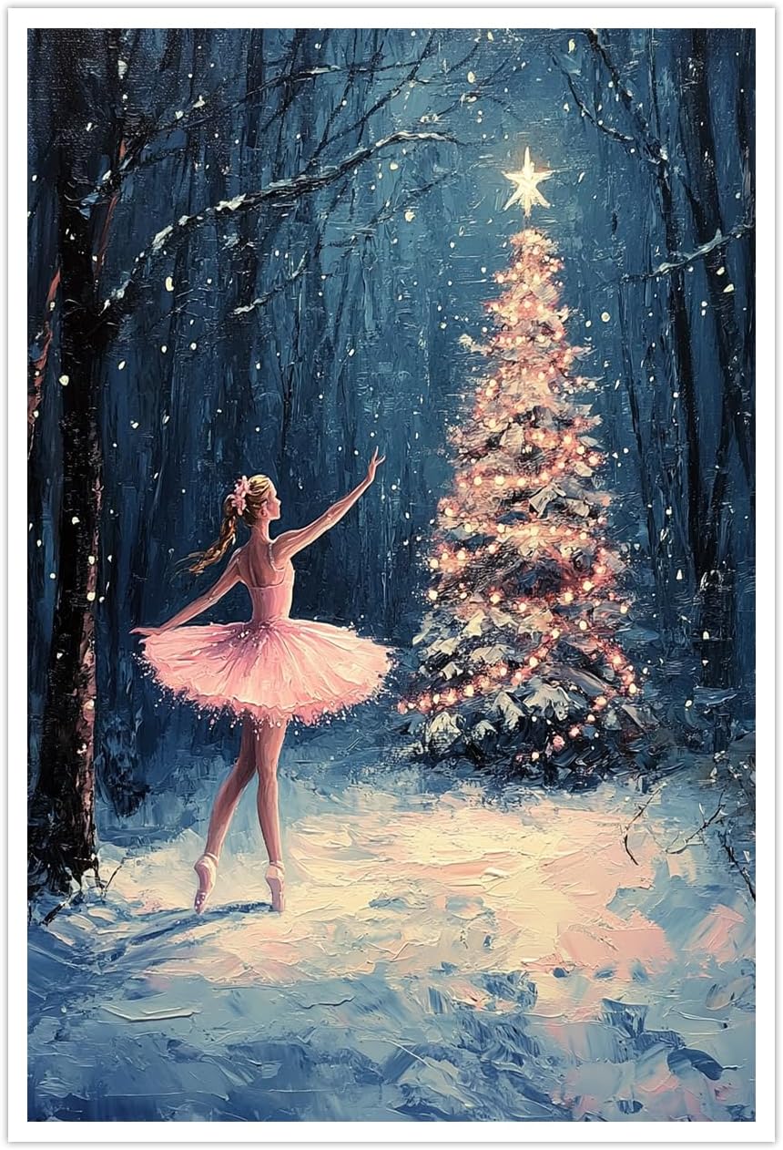 Vintage Pink Ballet Christmas Tree Wall Art Retro Lighted Winter Pine Botanical Aesthetic Picture Prints Rustic Scene Winter Room Wall Decor Canvas Posters Farmhouse Holiday Decor16x24in Unframed