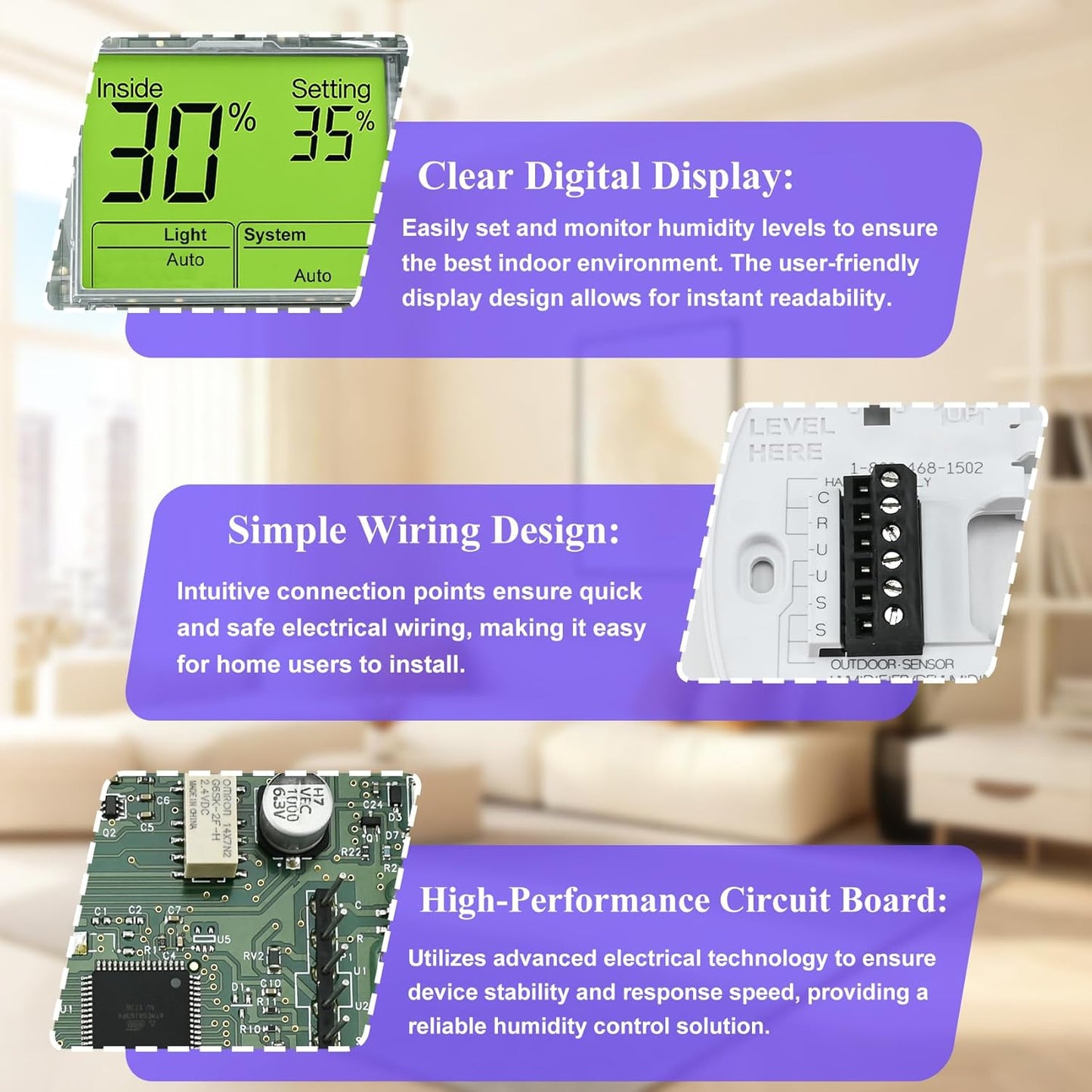 H6062A1000 Digital Humidistat/Dehumidistat Compatible with Honeywell H6062A1000 HumidiPro, OEM Upgrade H6062A1000/U Digital Humidistat, Smart LCD Display Humidity Control for Home and Indoor. -2 Year