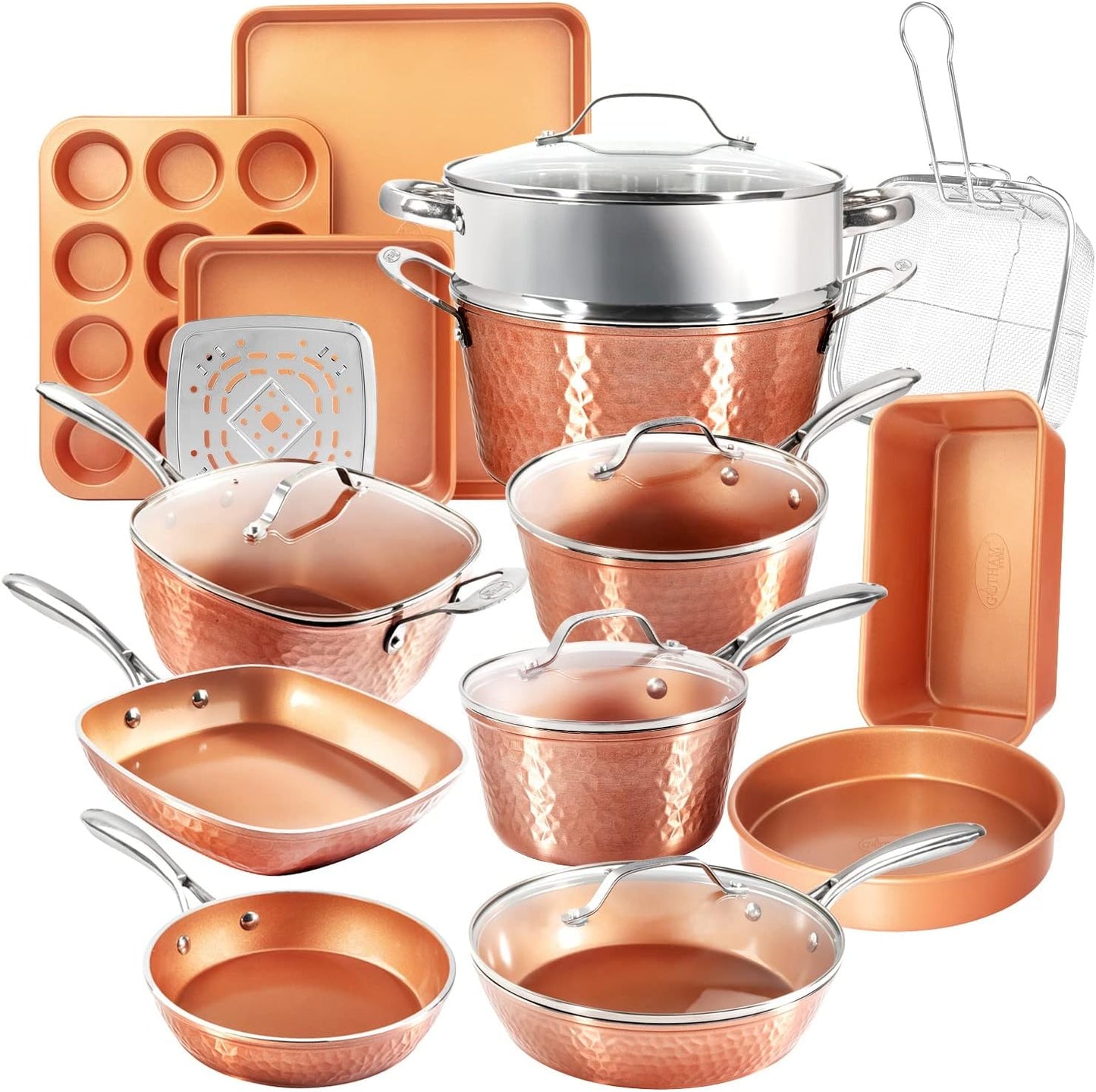 Gotham Steel Hammered 20 Pc Ceramic Cookware Set Nonstick, True Ceramic Pots and Pans Set Non Stick with Deep Square Pan Set & Bakeware Set, Non Toxic PFOA PFOS Free, Oven & Dishwasher Safe