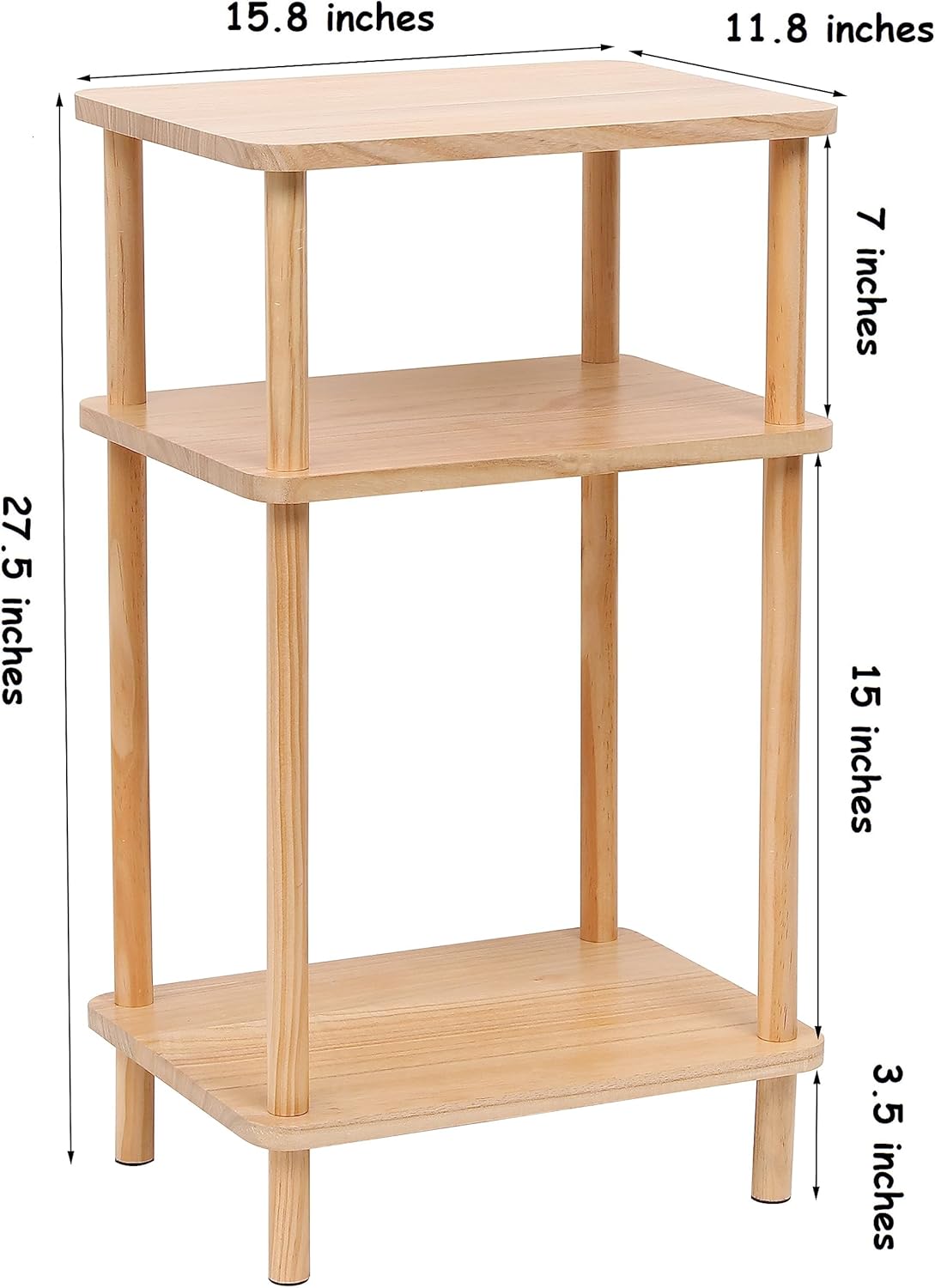 3 Tier End Table Night Stand, Solid Wood Edge Table Narrow Side Table Bookcase Bookshelf Simple Bedside Table Storage Rack for Bedroom Living Room Bathroom,Natural Wood End Table with Storage Shelves