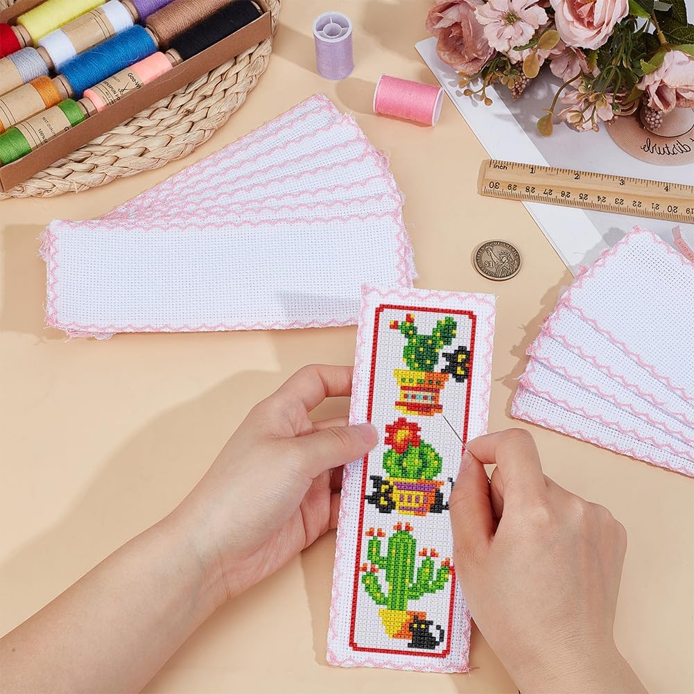 BENECREAT 15Pcs White Cross Stitch Bookmarks, 7.5x2.8 Inch Blank Cotton Embroidery Bookmarks with Pink Stitching Trim for Needlework, DIY Art Crafts, Sewing Projects