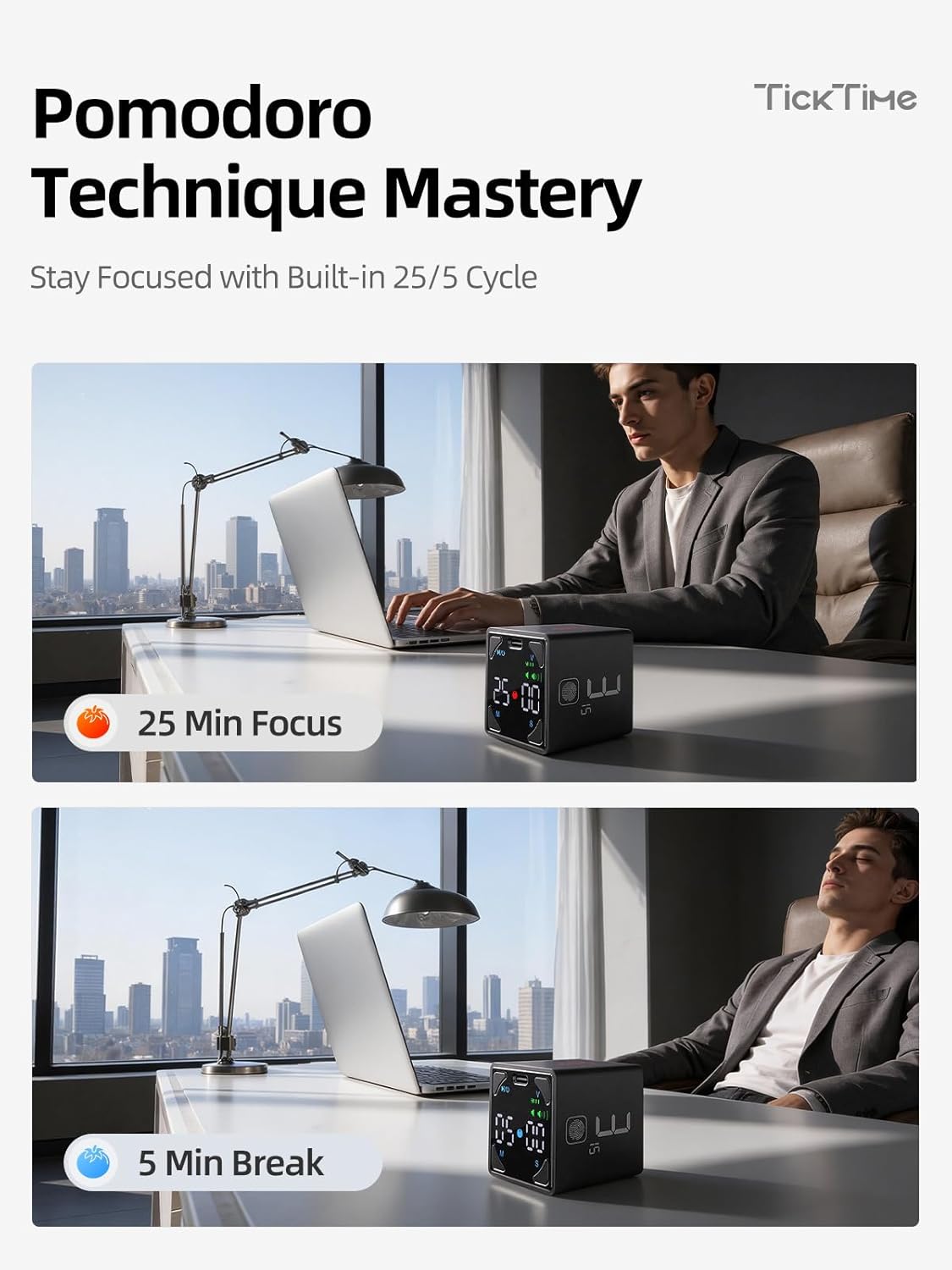 Pomodoro Timer Cube, Productivity Timer, Pause & Resume, Silent, Vibrate & Adjustable Sound Alert, for ADHD, Task, Work, Study, 1/3/5/10/15/25/45/60min & Custom Countdown, Black