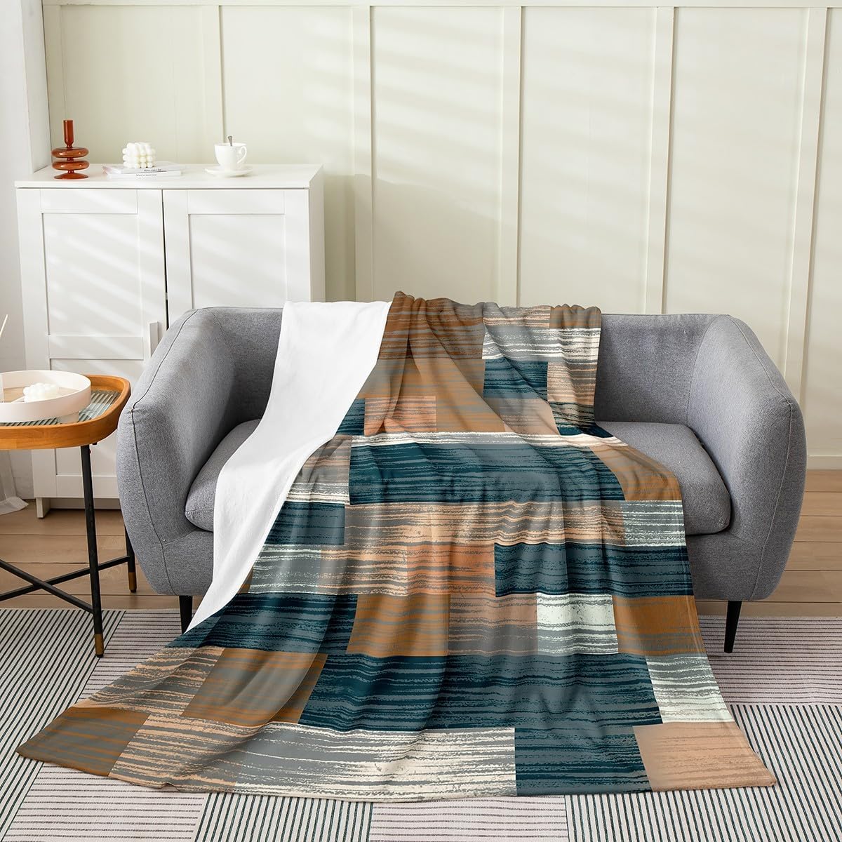 Erosebridal Geometric Fleece Blanket 40x50 - Ultra-Soft for Couch Sofa Bed,Vintage Boho Flannel Blanket,Wooden Plank Patchwork Fuzzy Plush Throw for Kids Room,Abstract Art Room Decor