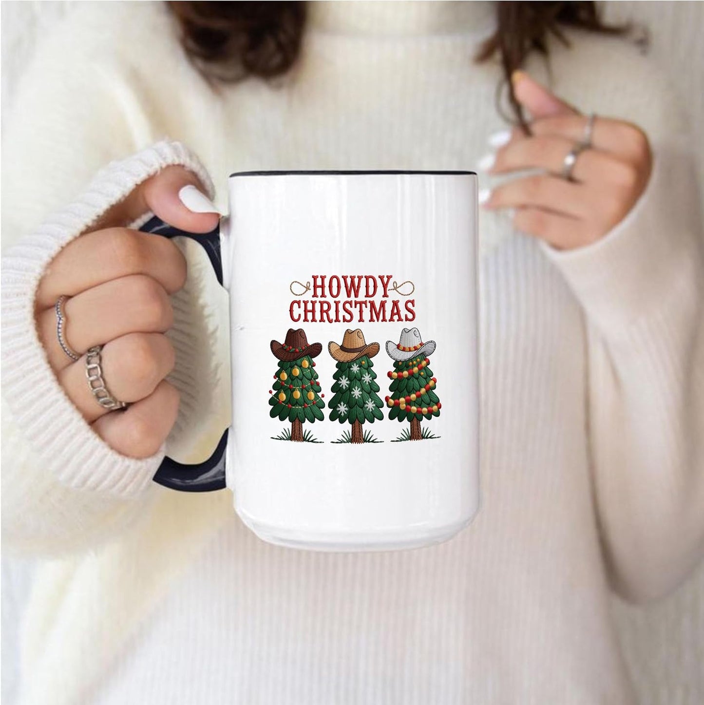 Howdy Christmas Tree Wearing Cowboy Hat Funny Two-Tone Accent Mugs, 11oz 15oz Drinking Cups, Kitchen Décor, Gifts For Book Lovers