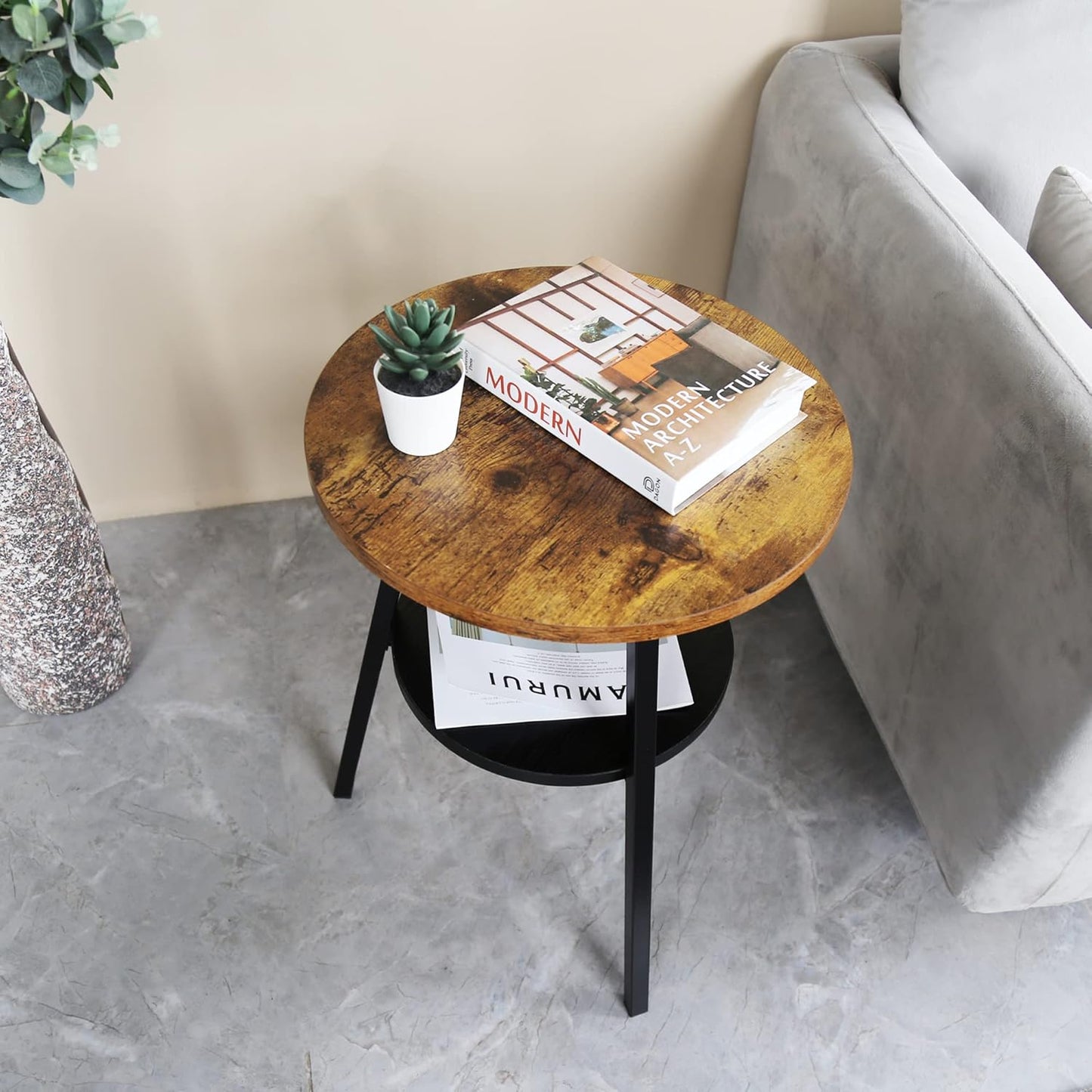 INHABIT UNION End Table, 2 Tier Round Side Table with Metal Frame, Industrial Nightstand Bedside Coffee Accent Table for Living Room Bedroom Small Space, Rustic Brown，15.4" D x 21.6" H