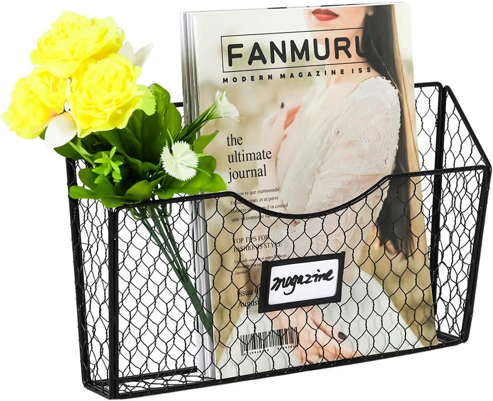 PAG 3 Pockets Hanging File Holder Wall Mount Mail Organizer Metal Chicken Wire Magazine Rack with Tag Slot, Black