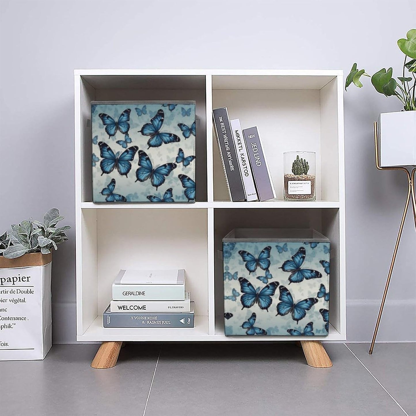 Blue Butterfly Storage Bins with Handles Fashion Large Storage Cubes Sturdy Foldable Storage Boxes Space-Saving Storage Baskets for Home Office Clothes Closet Organizers