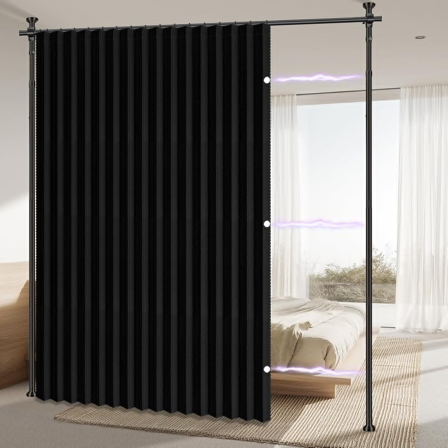 AJAZZ Room Divider Curtain (Black, W100 x L84 in, 1 Panel)+ Tension Curtain Rod No Drilling (H) 43-120×(W) 35-100 in, for Privacy/Soundproof Curtains, Heavy Duty Wall Separator