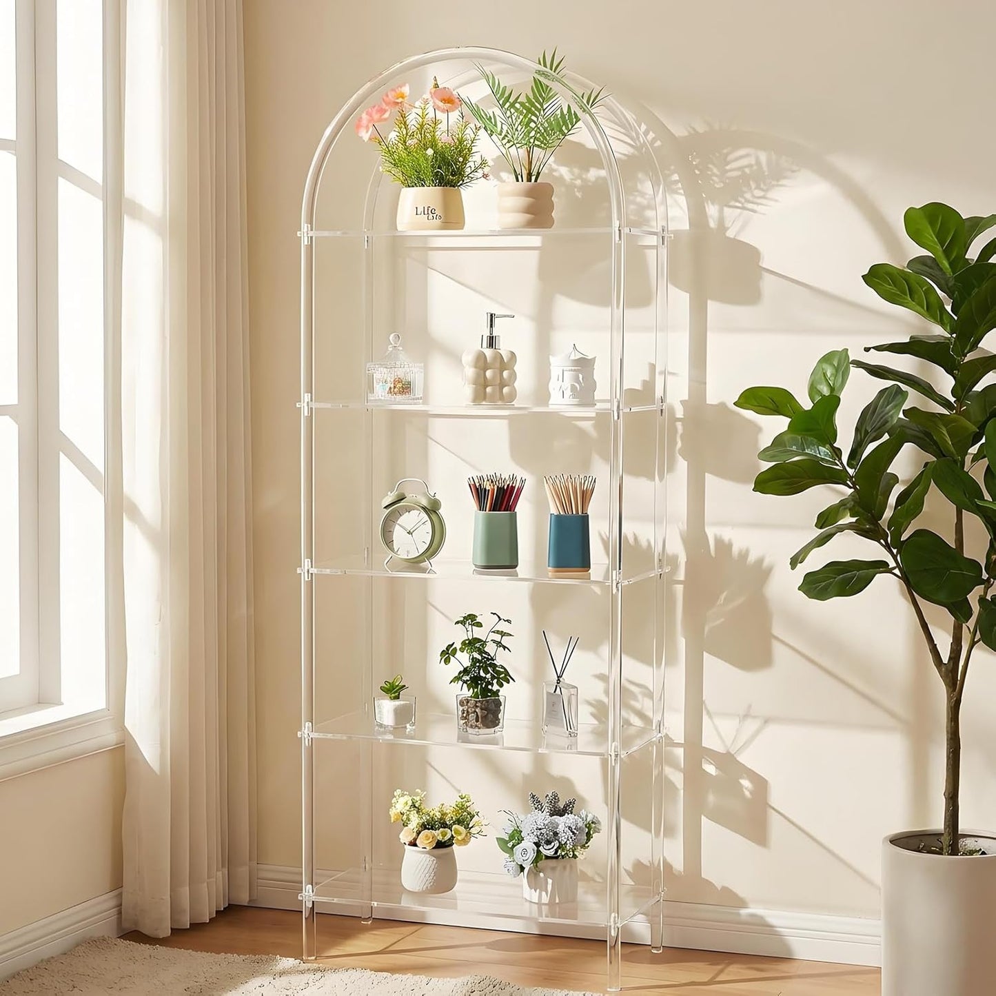 5 Tier Acrylic Arched Bookshelf Clear Book Shelf 11.8" D X 23.64" W X 65.7" H, 5 Tier Shelf Sturdy Open Display for Living Room Bathroom Office