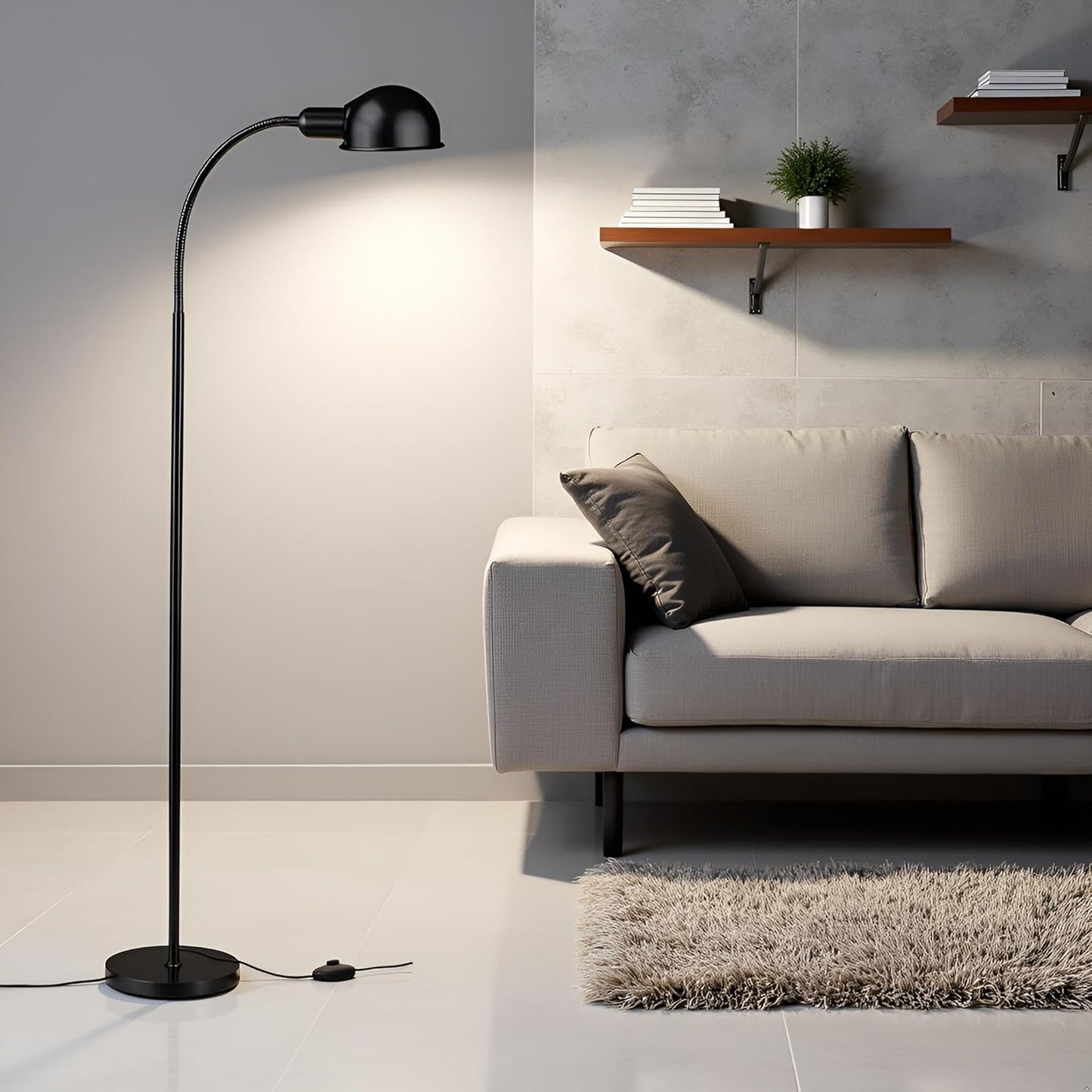 Adjustable LED Floor Lamp with Flexible Gooseneck, Rotatable Shade, E26 Socket, Sturdy 10" Base – Modern Reading Light for Living Room, Bedroom, Office (Black)