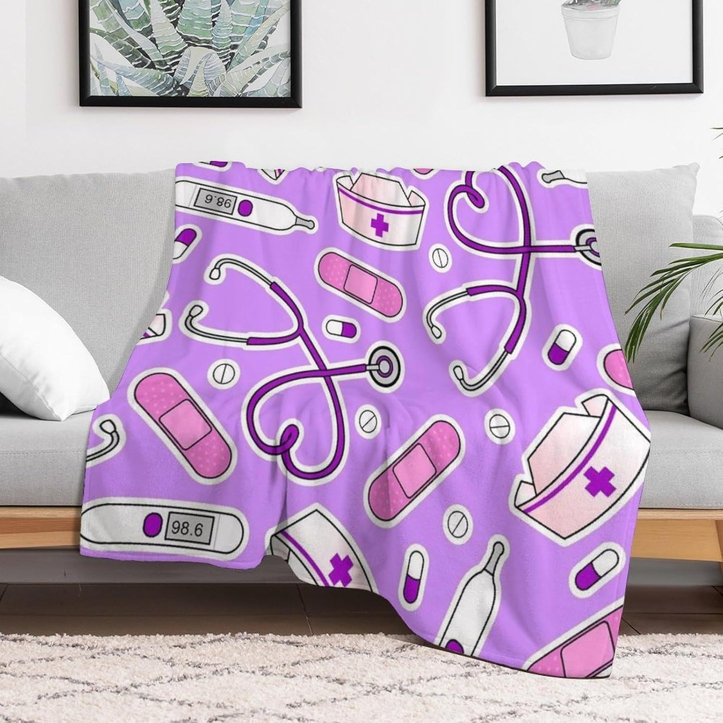 Nurse Pattern Purple Throw Blanket for Couch Super Soft Warm Lightweight Throw Blankets Cozy Flannel Bed Blanket Cute Decorative Blankets for All Seasons Home Decor Gift 50"*60"（130 * 150cm）