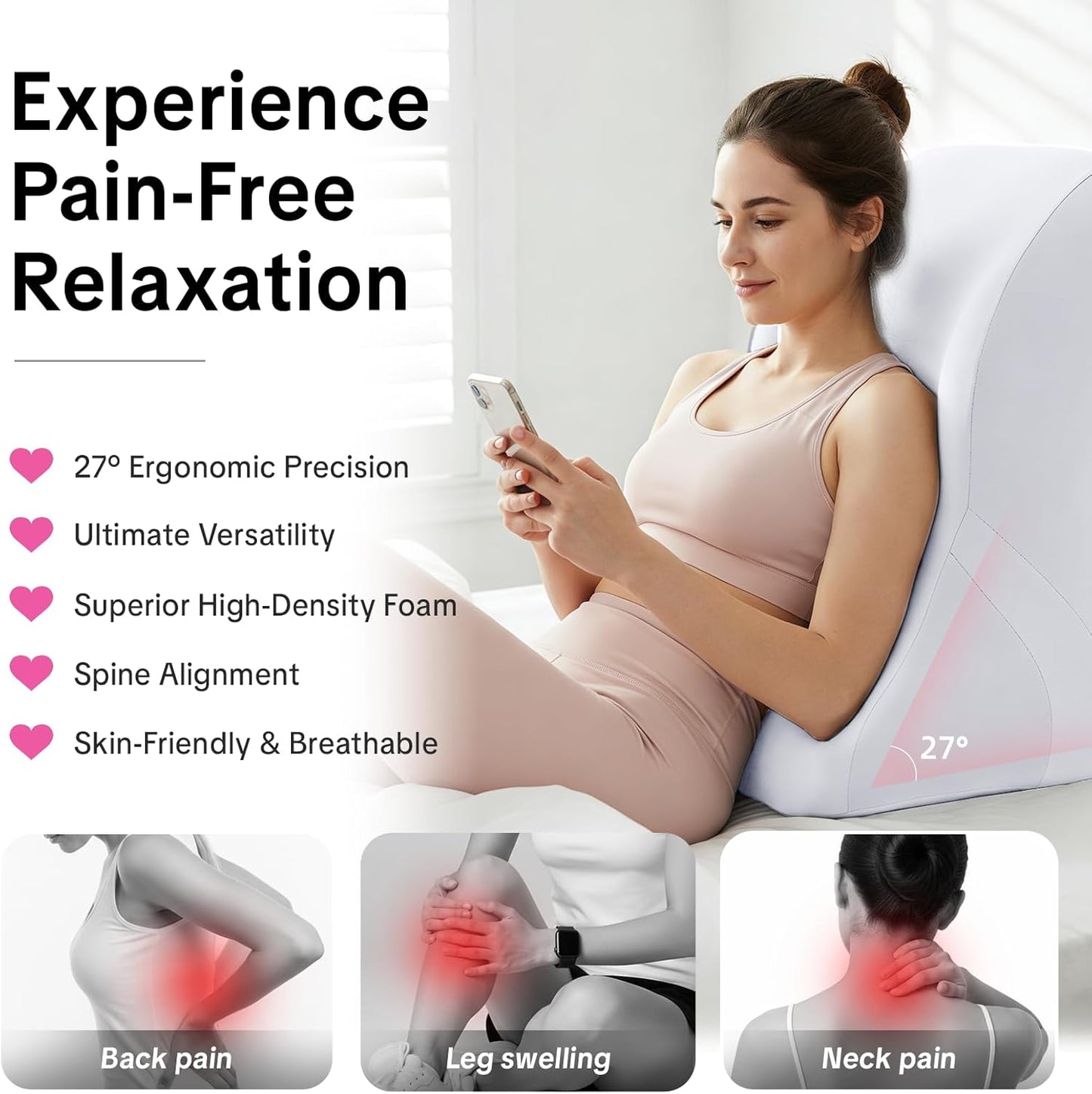 Memory Foam Ergonomic Wedge Pillow - 27° Lift Support Cushion for Sleeping, Reading & Prone Positions Multi-Functional Rest Pillow for Neck, Waist & Back Pain Relief with Washable Cover- Light Grey