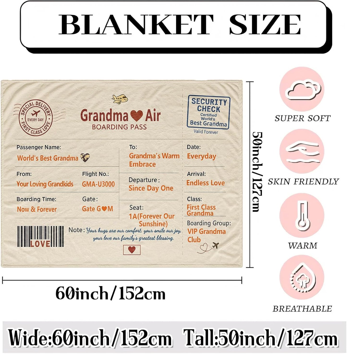 Grandma Blanket Gift from Grandkids - Heartwarming Message Throw, 50'' x 60'', Sofa Decor for Birthday, Christmas, Mother's Day, Valentine's & Grandparents Day, Keepsake Gift