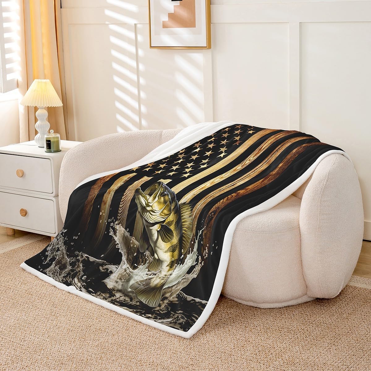 Vintage American Flag Throw Blanket,Men 3D Bass Fish Blankets,Fishing Hunting Fleece Blanket for Kids Boys Adult Room Decor,Rustic Style Black Brown Wooden Stripes Sherpa Blanket,40"×50"