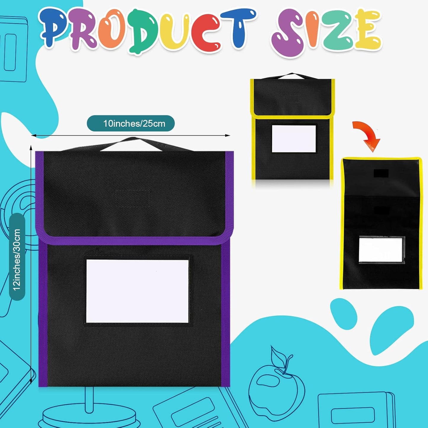 Outus 48 Pcs Medium Book Pouches for Classroom, Nylon Black Reading Book Bags for Student with Clear Name Tag, 10" x 12", Pocket on Handle Chair Pockets for Classroom Students School Home