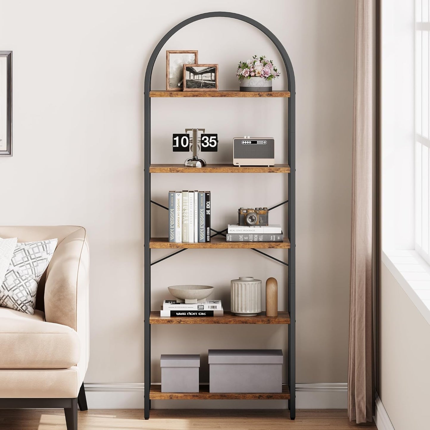 CABIHOME Bookshelf Tall Bookcase Arched Standing Bookshelves Modern Display Racks 5 Tier Storage Rack Shelf Large Wood Book Shelf for Bedroom, Living Room, Home Office