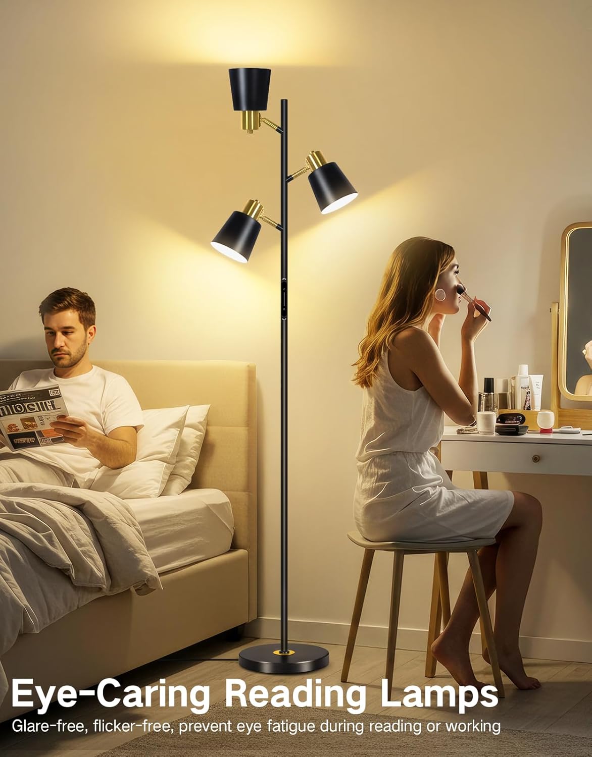 OUTON Tree Floor Lamp, LED Dimmable Floor Lamp with Remote and Touch Slide Control, 4 Color Temperatures, 3 Rotatable Lights, Modern Standing Lamp for Living Room Bedroom Office, Black Gold