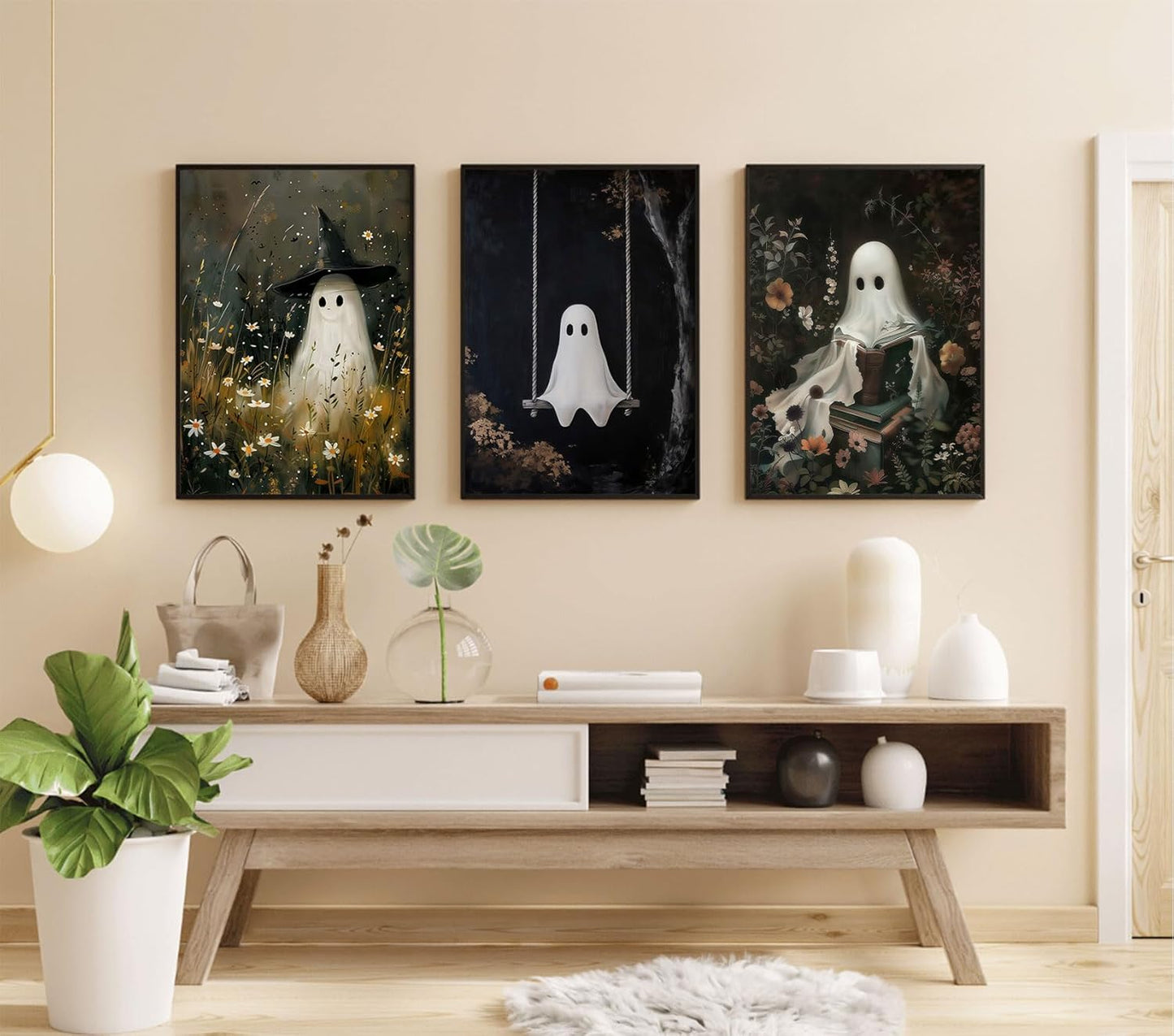 RERNIE et of 3 Ghost Wall Art Witch Poster Halloween Bathroom Decor, Gothic Dark Academia Canvas Wall Art, Funny Bathroom Pictures, Spooky Horror Home Decor 12x16 Inch Unframed